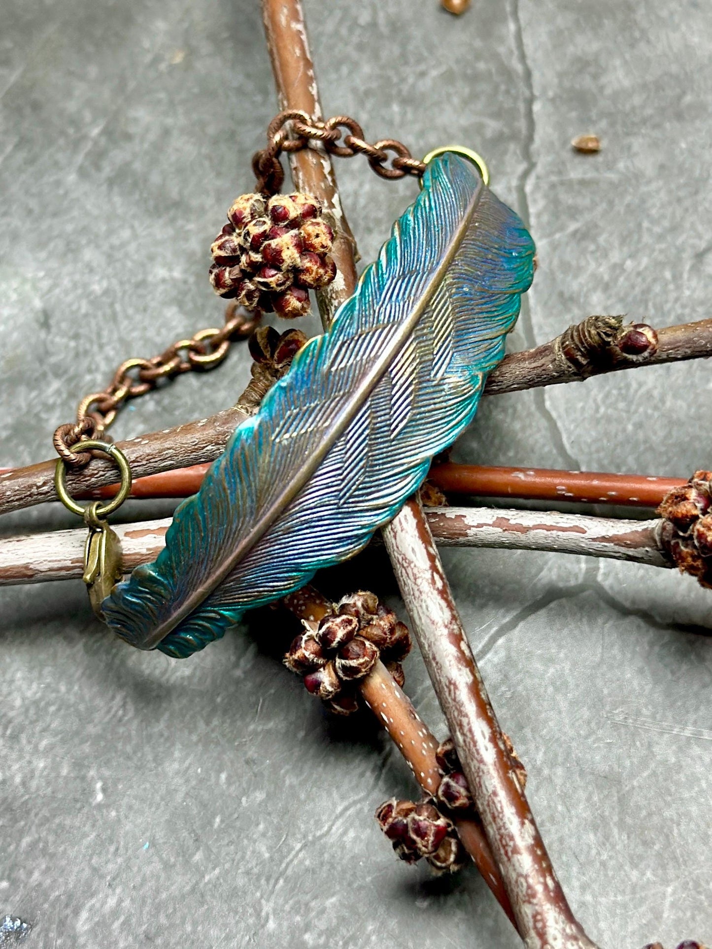 Iridescent Feather Bracelet - Handmade Solid Brass & Hand Patina