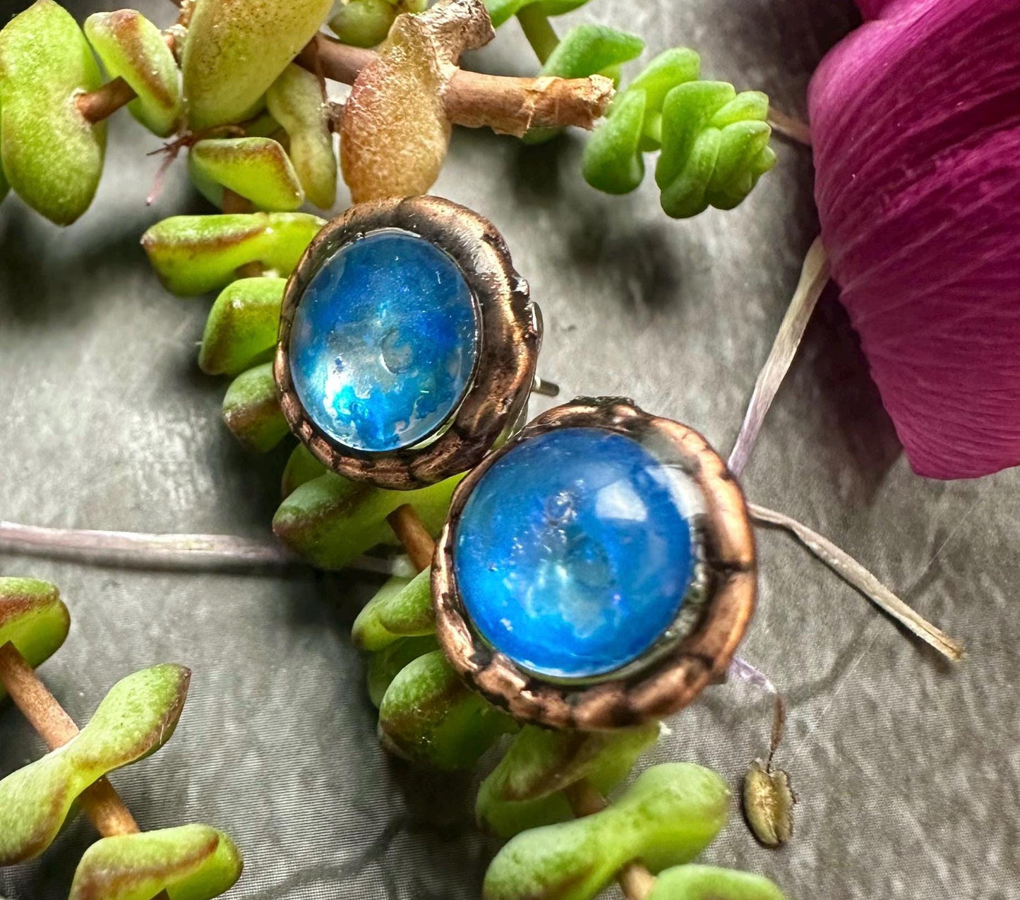 Moon Beam Post Earrings - Handmade Iridescent Hand Colored Resin- blue