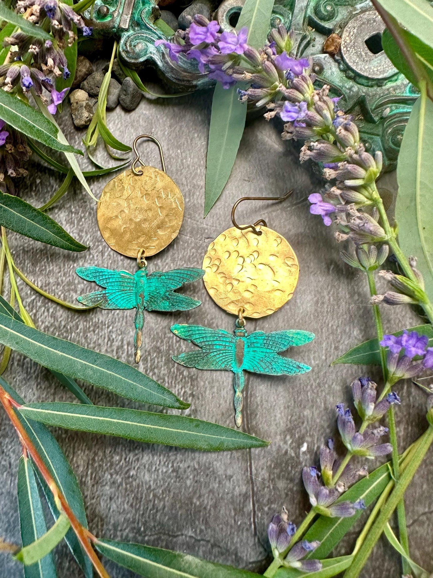 Dragonfly Sun Earrings- Handmade Solid Beaten Brass Hand Patina