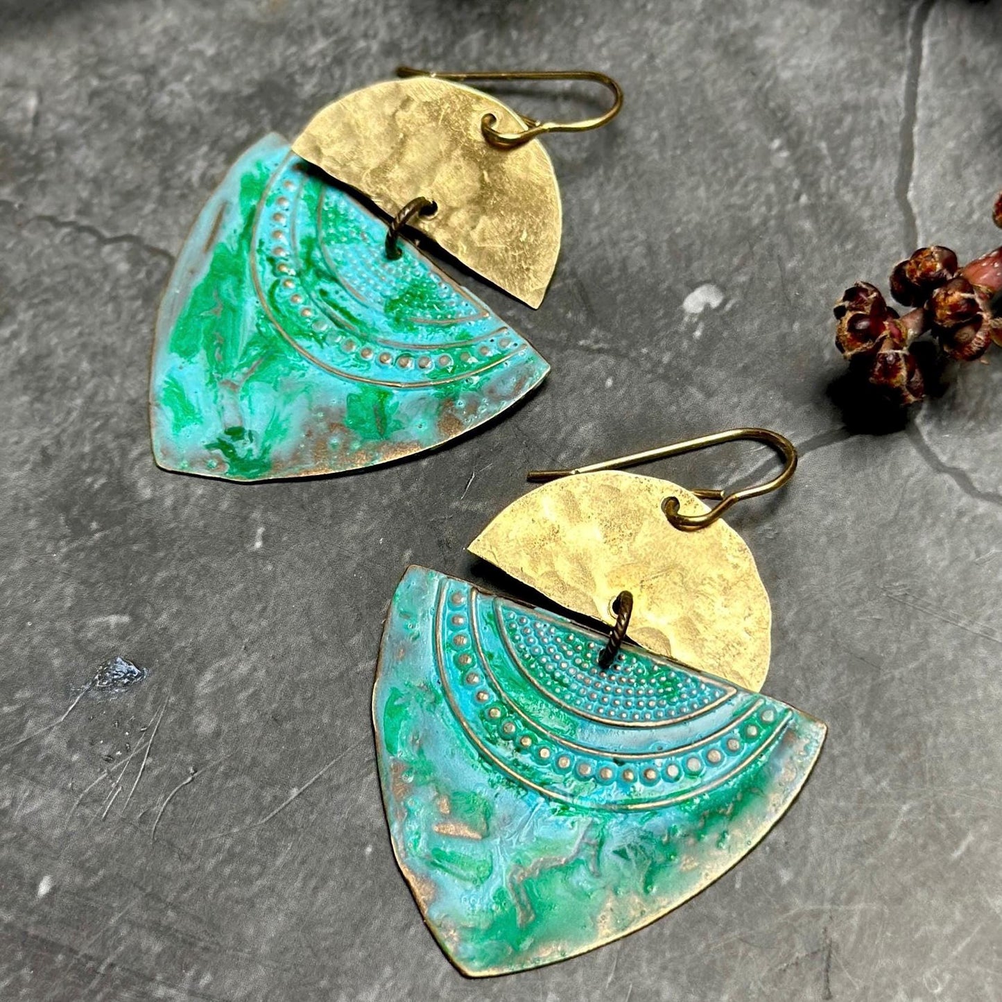 Geometric Tribal Modern Talisman Earrings - Bohemian Southwest Handmade Solid Hammered Brass Blue Green Hand Patina