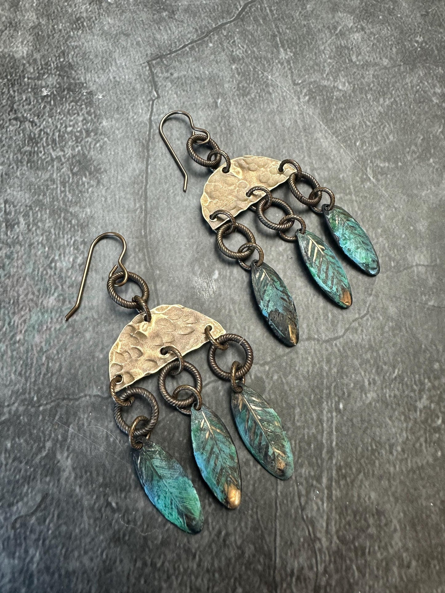 Lotus Petal Earrings - Handmade Solid Beaten Brass Hand Patina