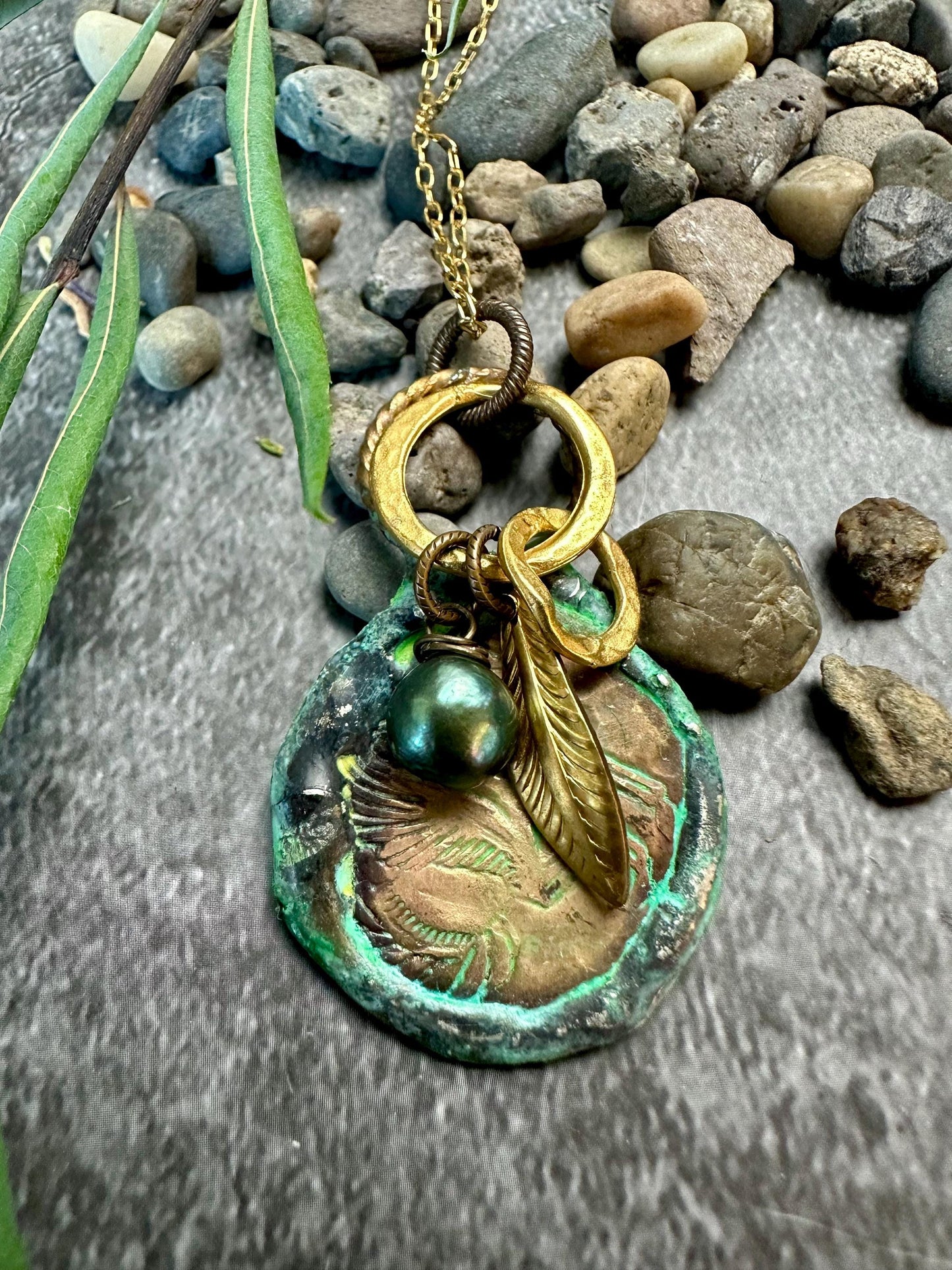 Pegasus Coin Necklace - Hand Soldered Beaten Brass Fresh water Pearl Hand Patina