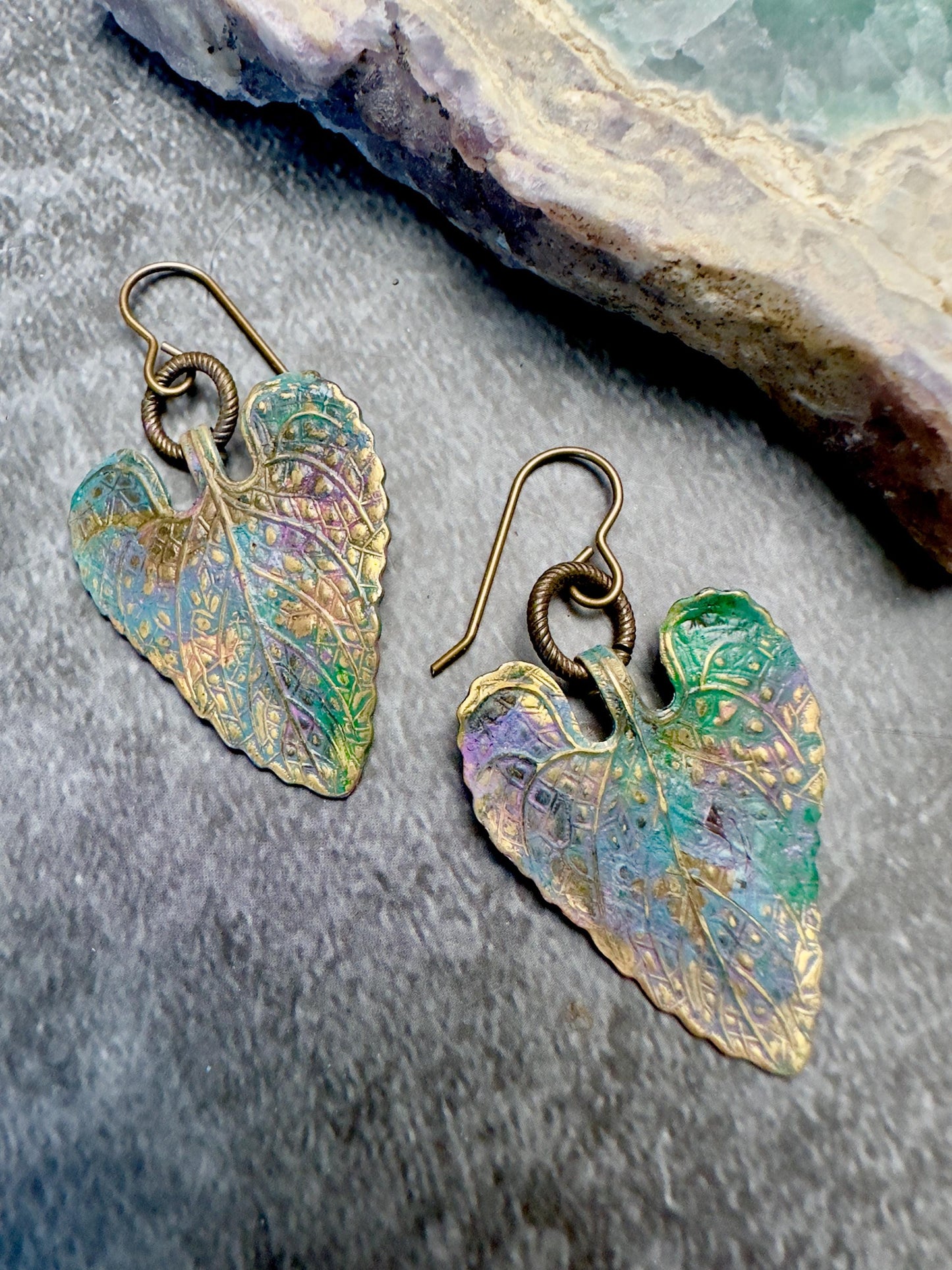 Dicentra Leaf Earrings- Handmade Heart Shaped Solid Beaten Brass Iridescent Hand Patina