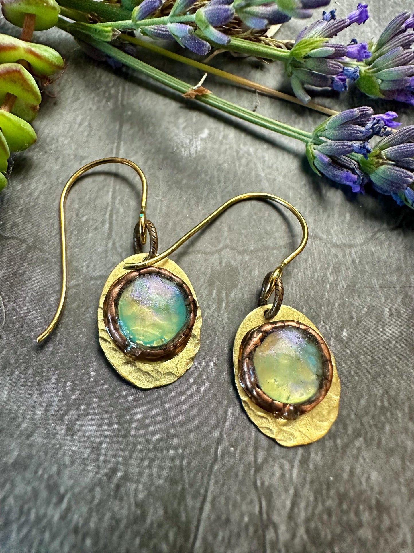 Gleaming Pool Earrings- Handmade Beaten Brass with Hand Colored Iridescent Resin