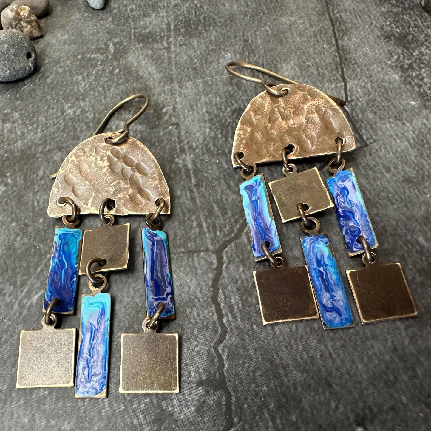 Geometric Dangle Earrings - Handmade Solid Hammered Brass Blue Hand Enamel
