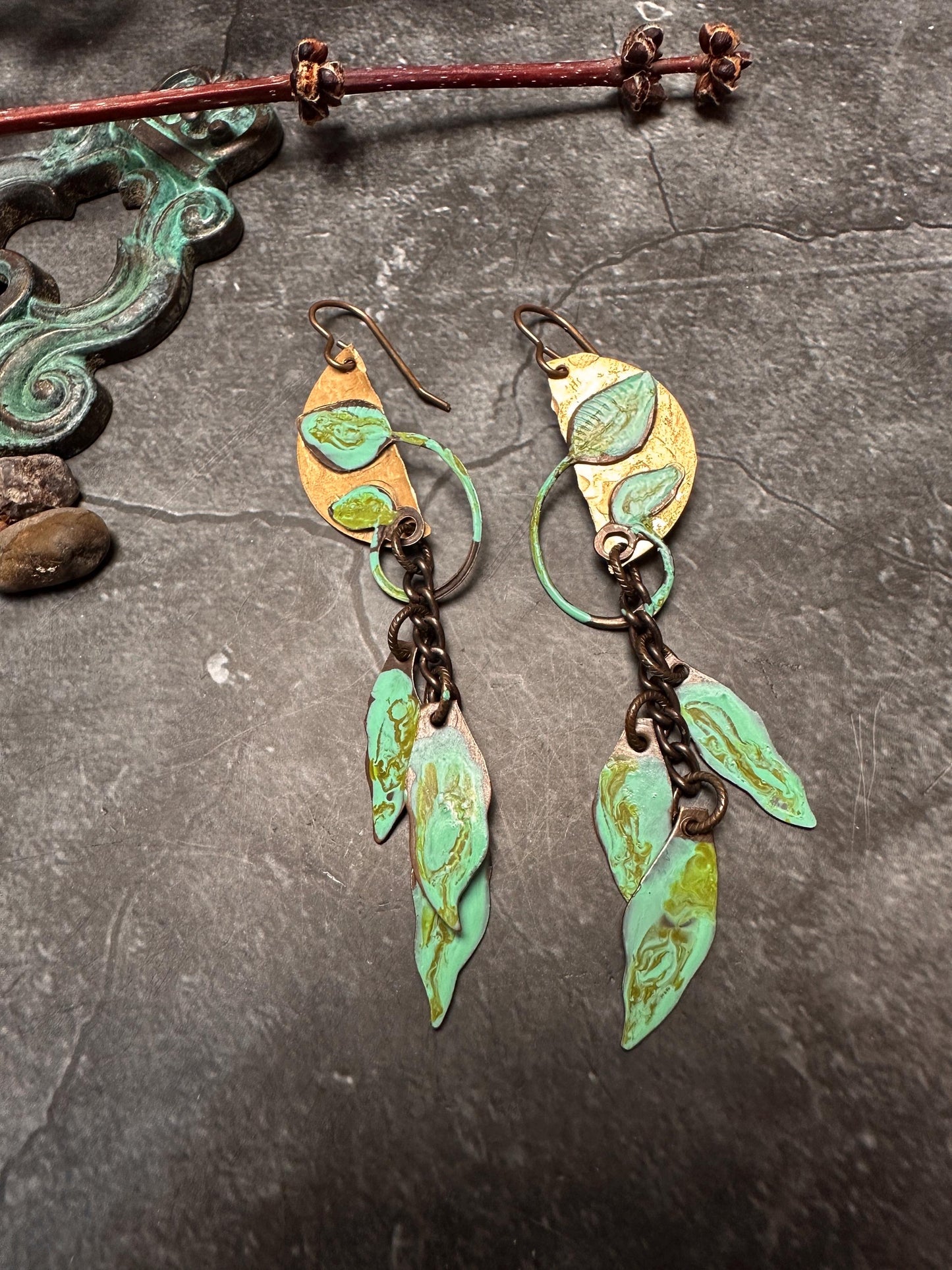 Falling Leaves - Handmade Solid Beaten Brass Hand Patina Earrings