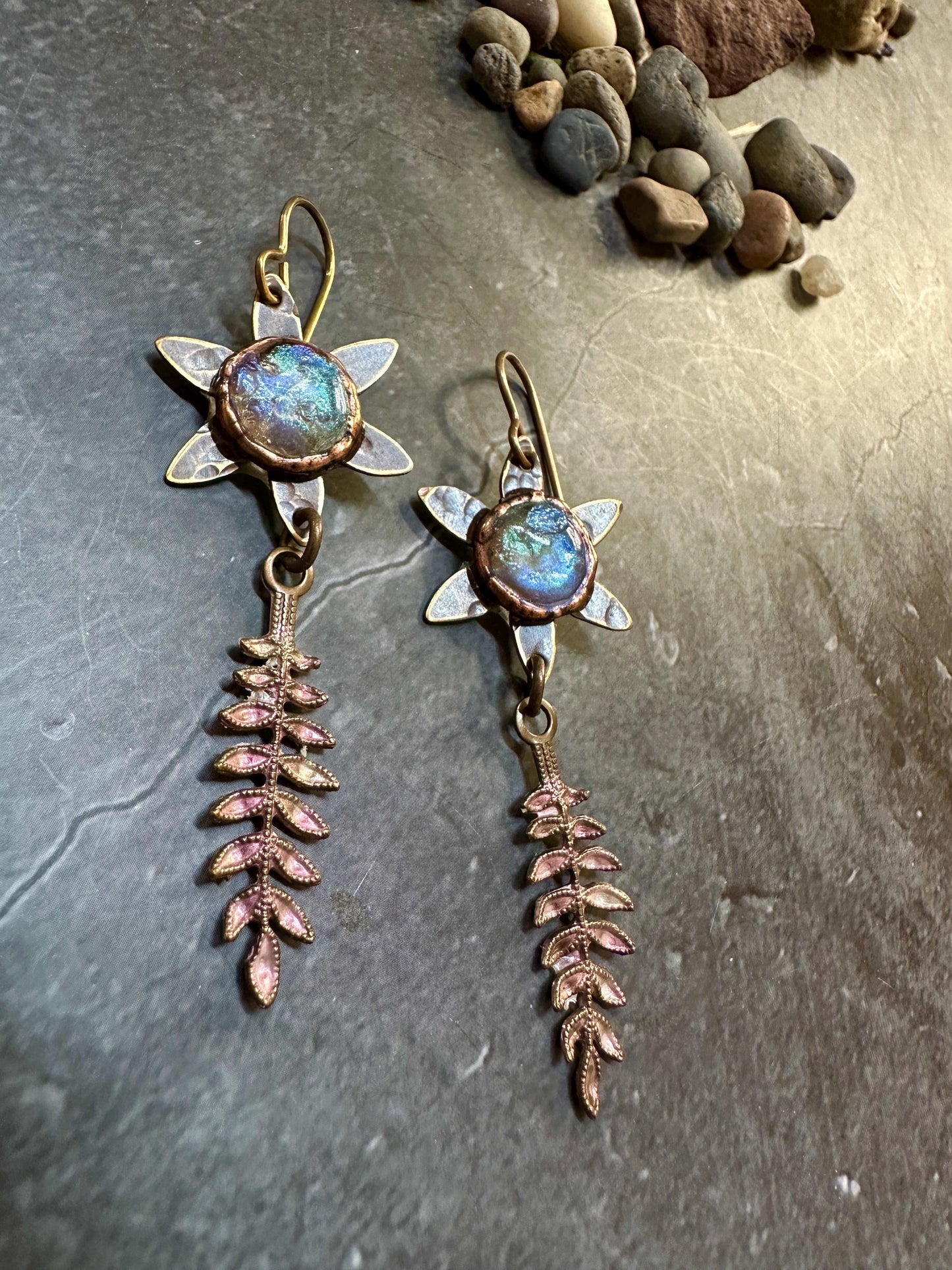 Dewdrop Fern Forest Earrings- Handmade Solid Beaten Brass Iridescent Hand Patina