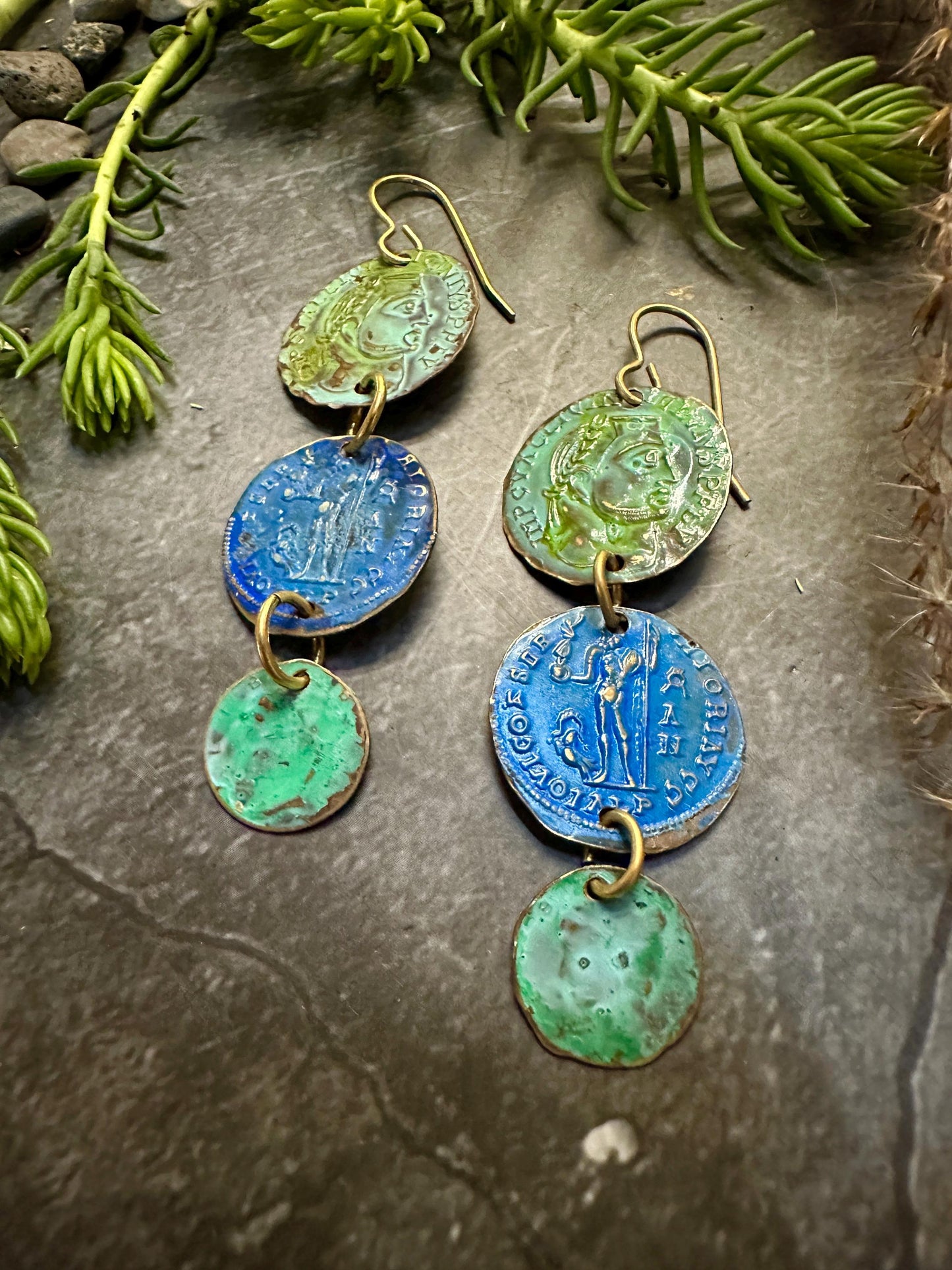 Ancient Coin Earrings- Hand Patina Handmade Solid Beaten Brass