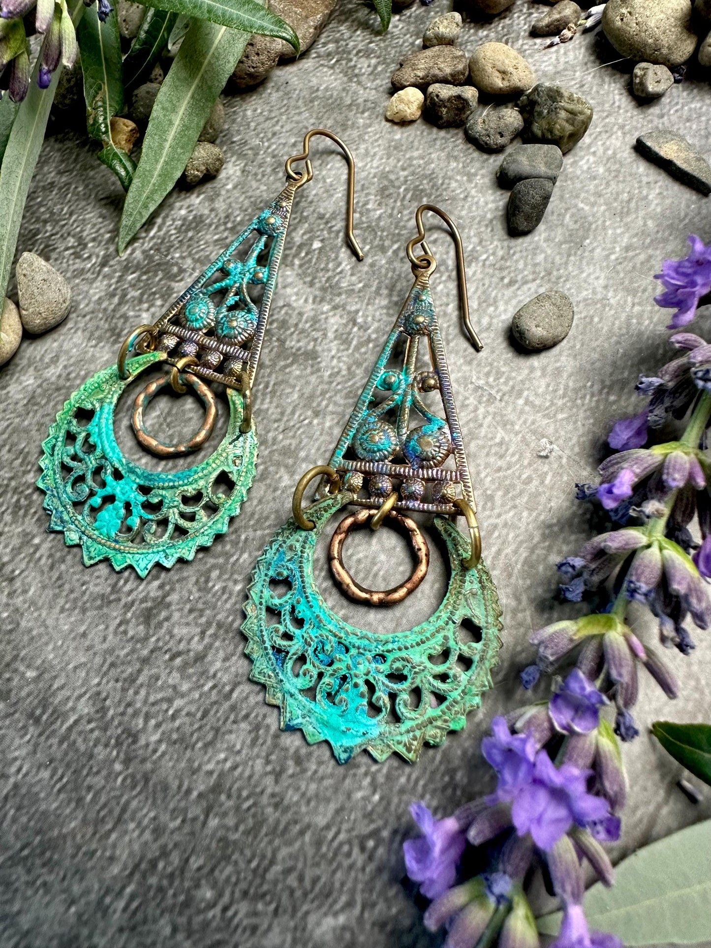 Verdigris Filigree Moon Earrings- Handmade Solid Brass Green Blue Hand Patina