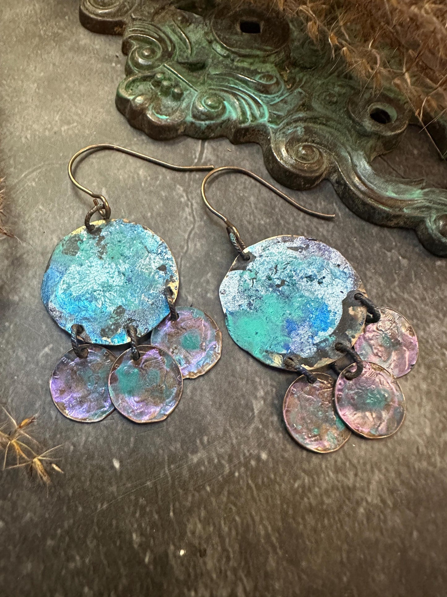 Mermaid Coin Earrings- Hand Patina Handmade Solid Beaten Brass Iridescent Patina
