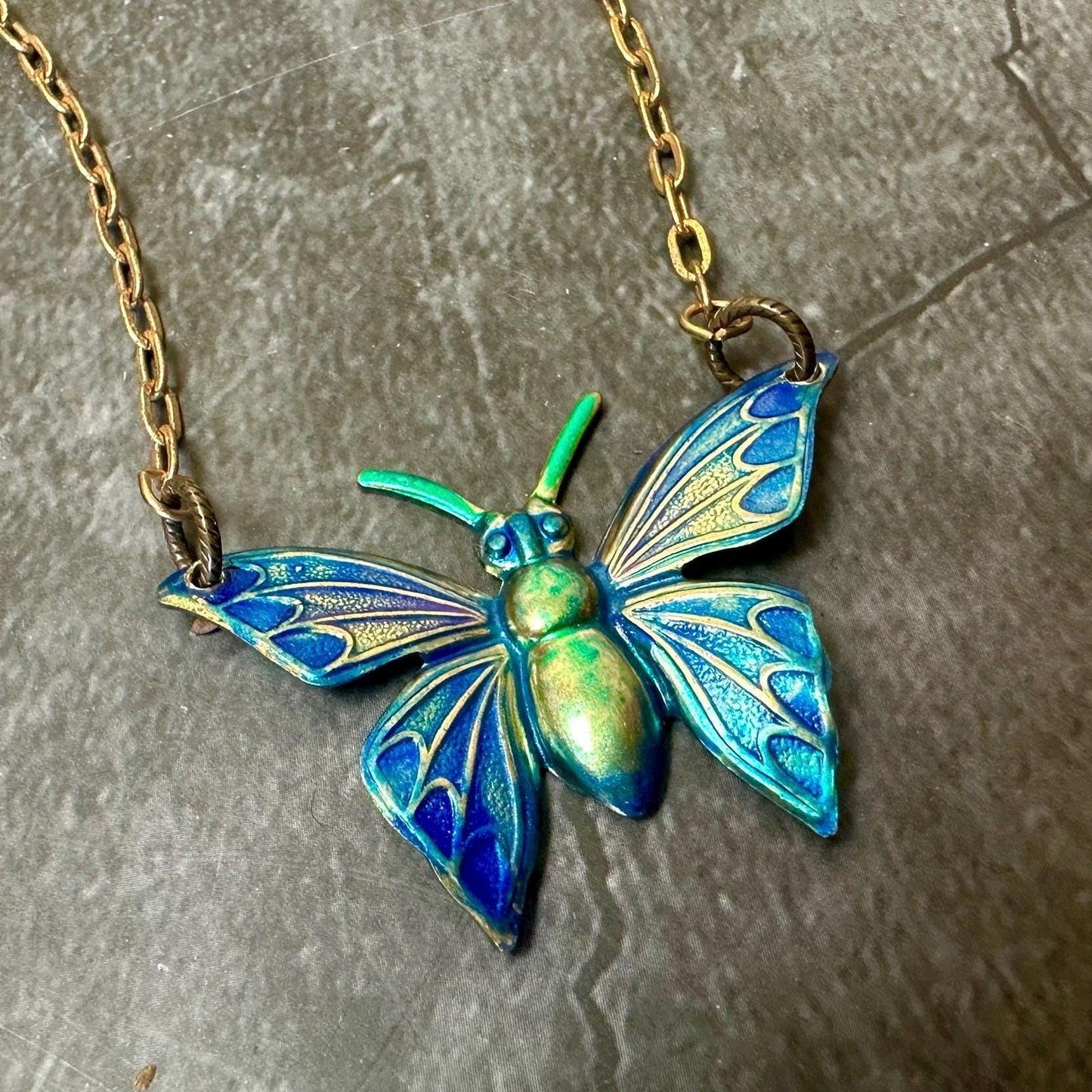 Luminous Butterfly Necklace- Hand Enamel Blue Purple Green Solid Brass - 16in