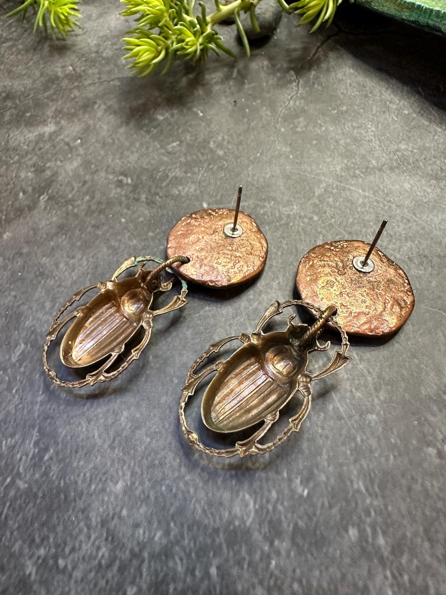Scarab Moon Post Earrings- Handmade Solid Vintage Tooled Brass Hand Patina