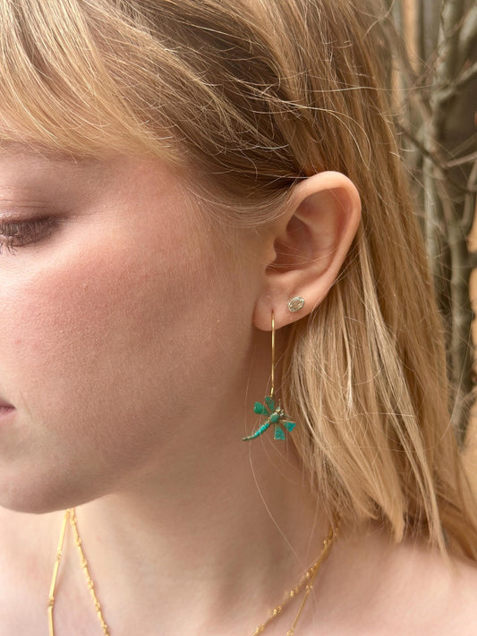 Dragonfly Charm Earrings Garden Fairy - Handmade Solid Brass Green Hand Patina