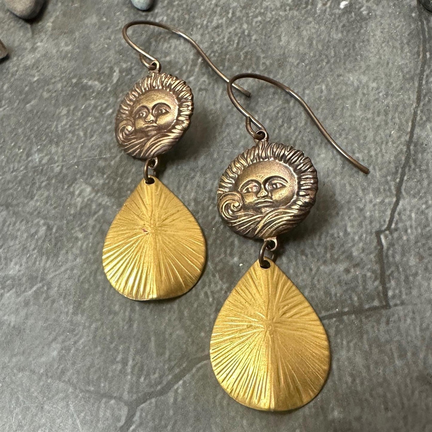 Radiant Sun Waves Teardrop Earrings - Handmade Solid Brass