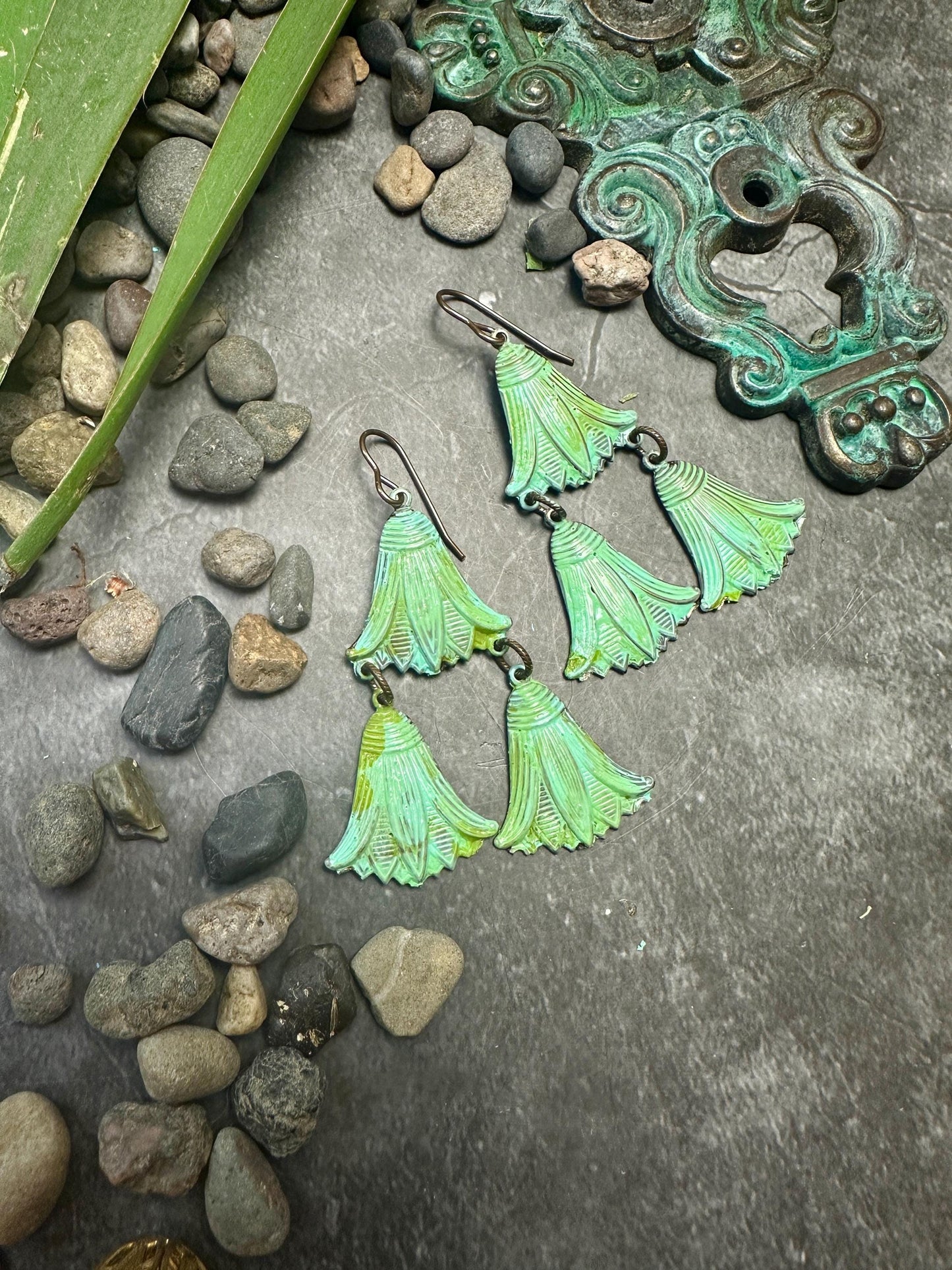 Lotus Drops Earrings- Handmade Beaten Solid Brass- Green Patina