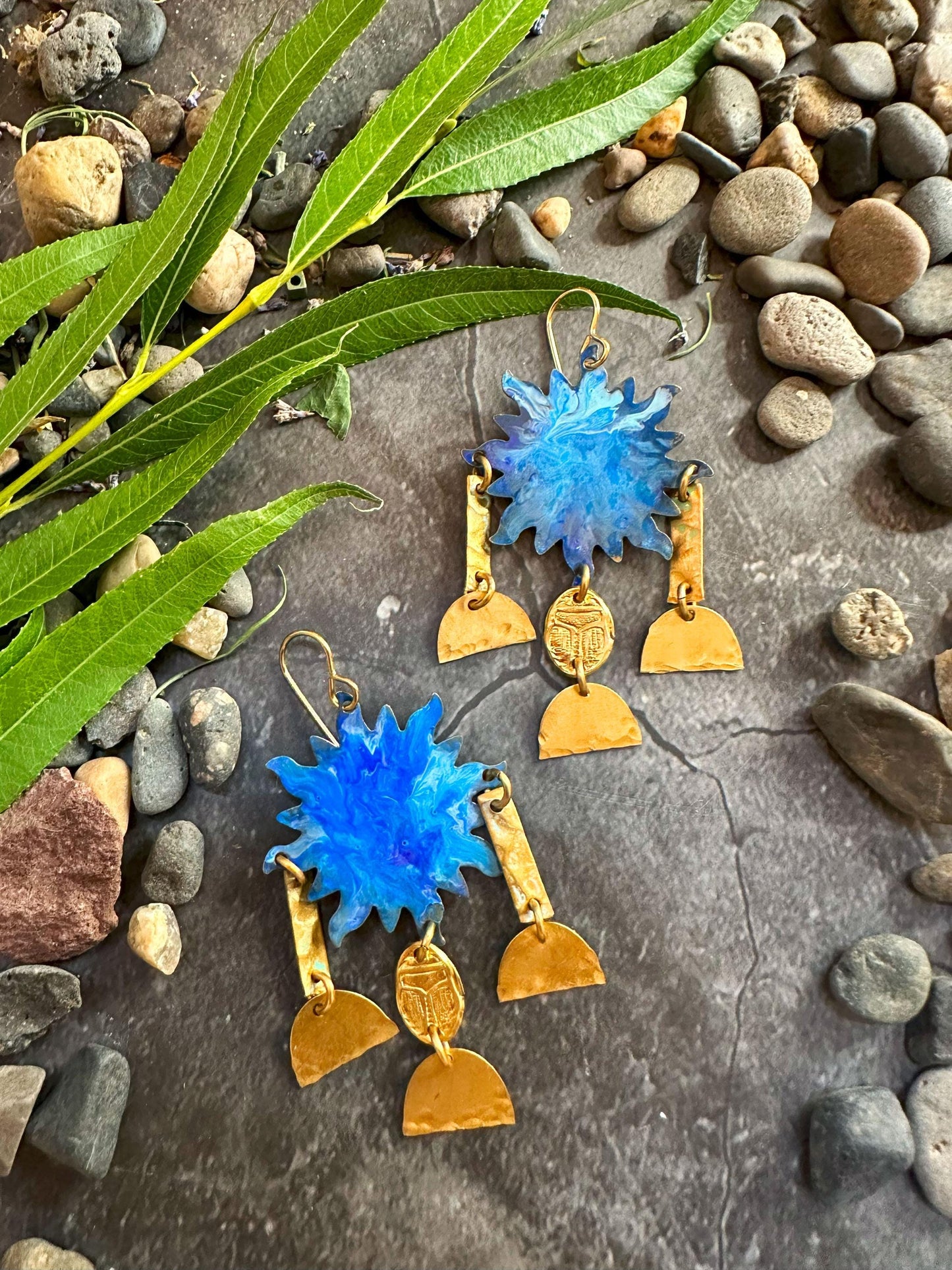 Sun Goddess Earrings - Handmade Solid Beaten Brass Hand Patina