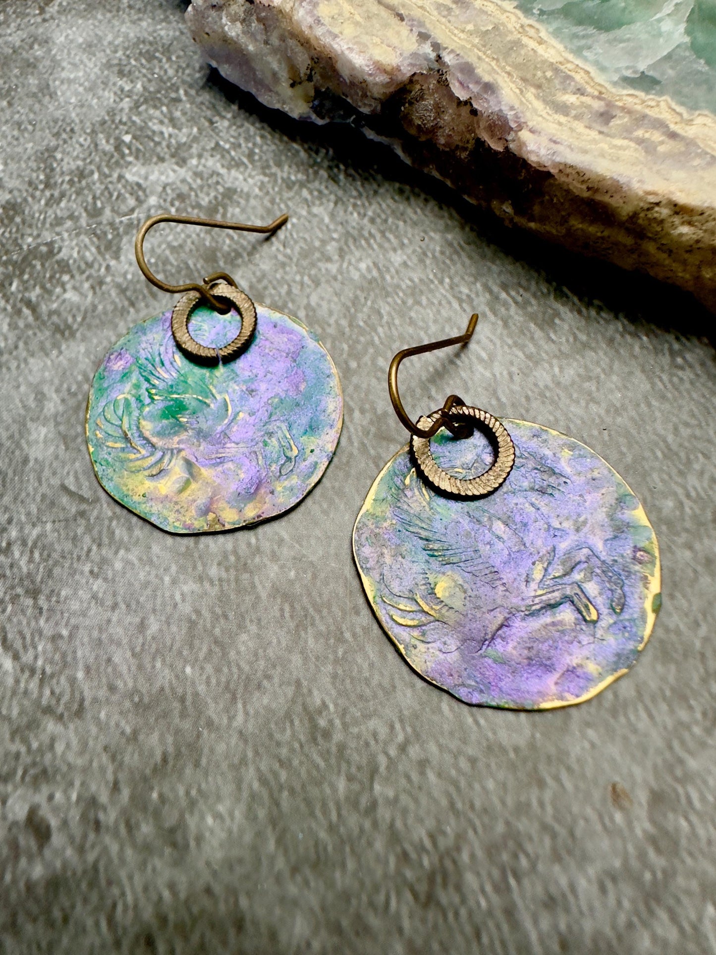 Pegasus Coin Earrings- Handmade Solid Beaten Brass Iridescent Hand Patina