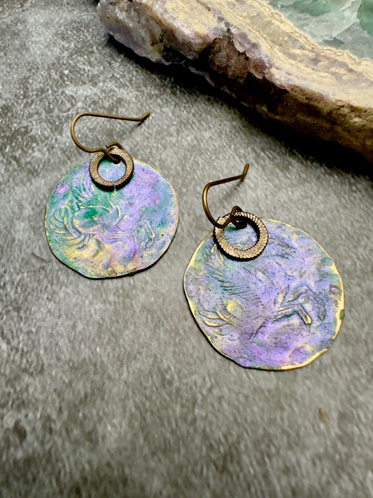 Pegasus Coin Earrings- Handmade Solid Beaten Brass Iridescent Hand Patina