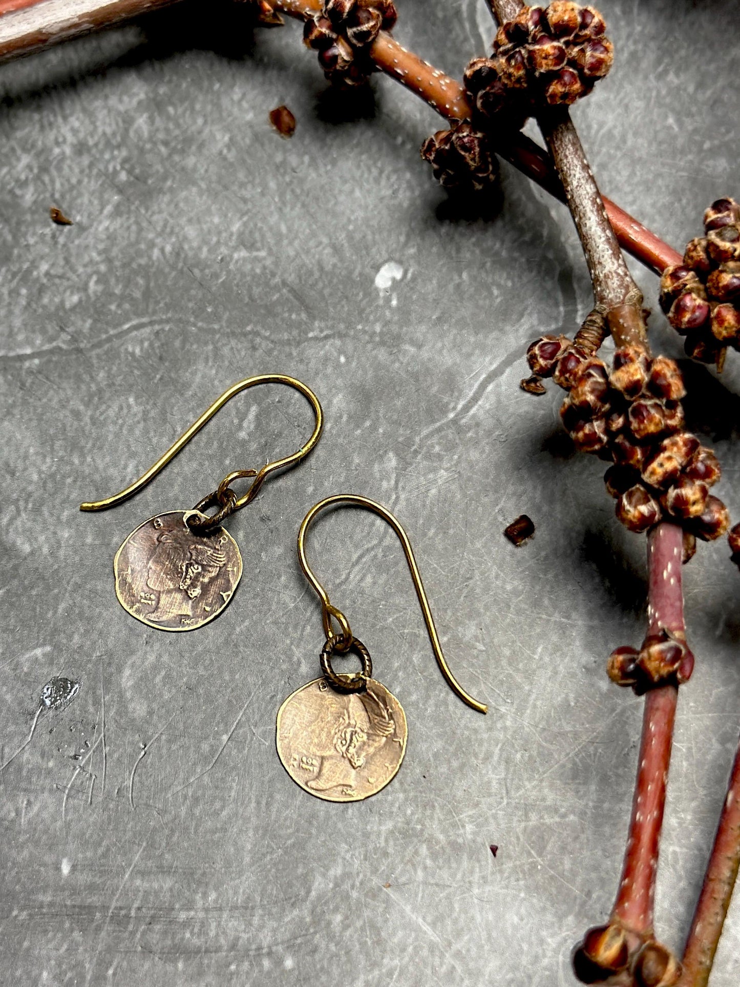Distressed Coin Earrings Mercury Mythology - Bronze Handmade Solid Beaten Brass