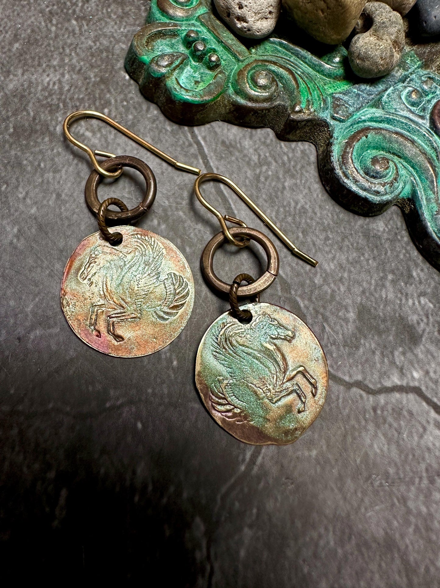 Pegasus Petite Coin Earrings- Handmade Solid Beaten Brass Iridescent Hand Patina