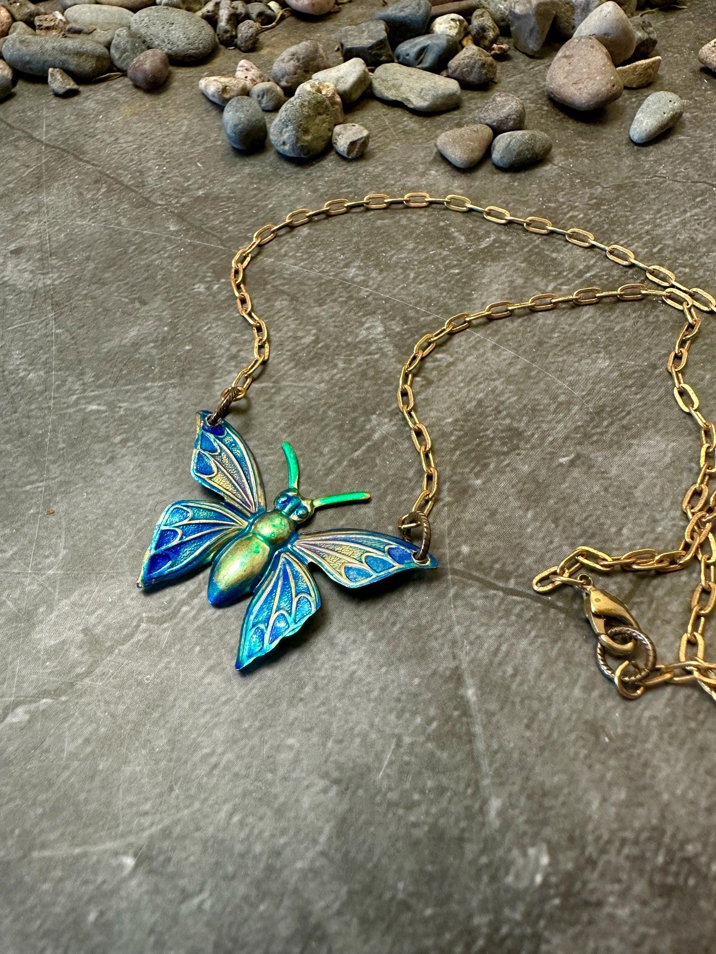 Luminous Butterfly Necklace- Hand Enamel Blue Purple Green Solid Brass - 16in