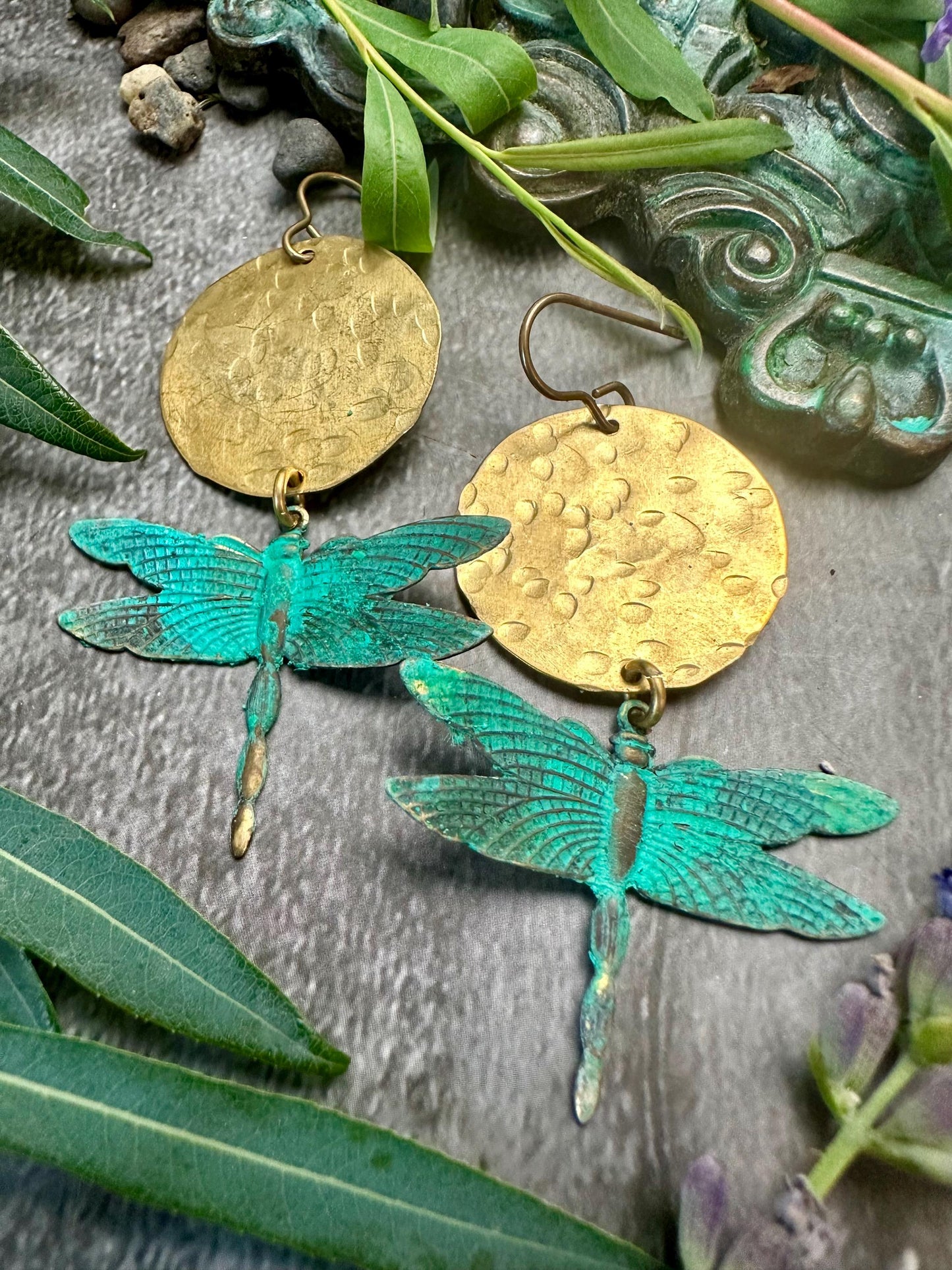 Dragonfly Sun Earrings- Handmade Solid Beaten Brass Hand Patina