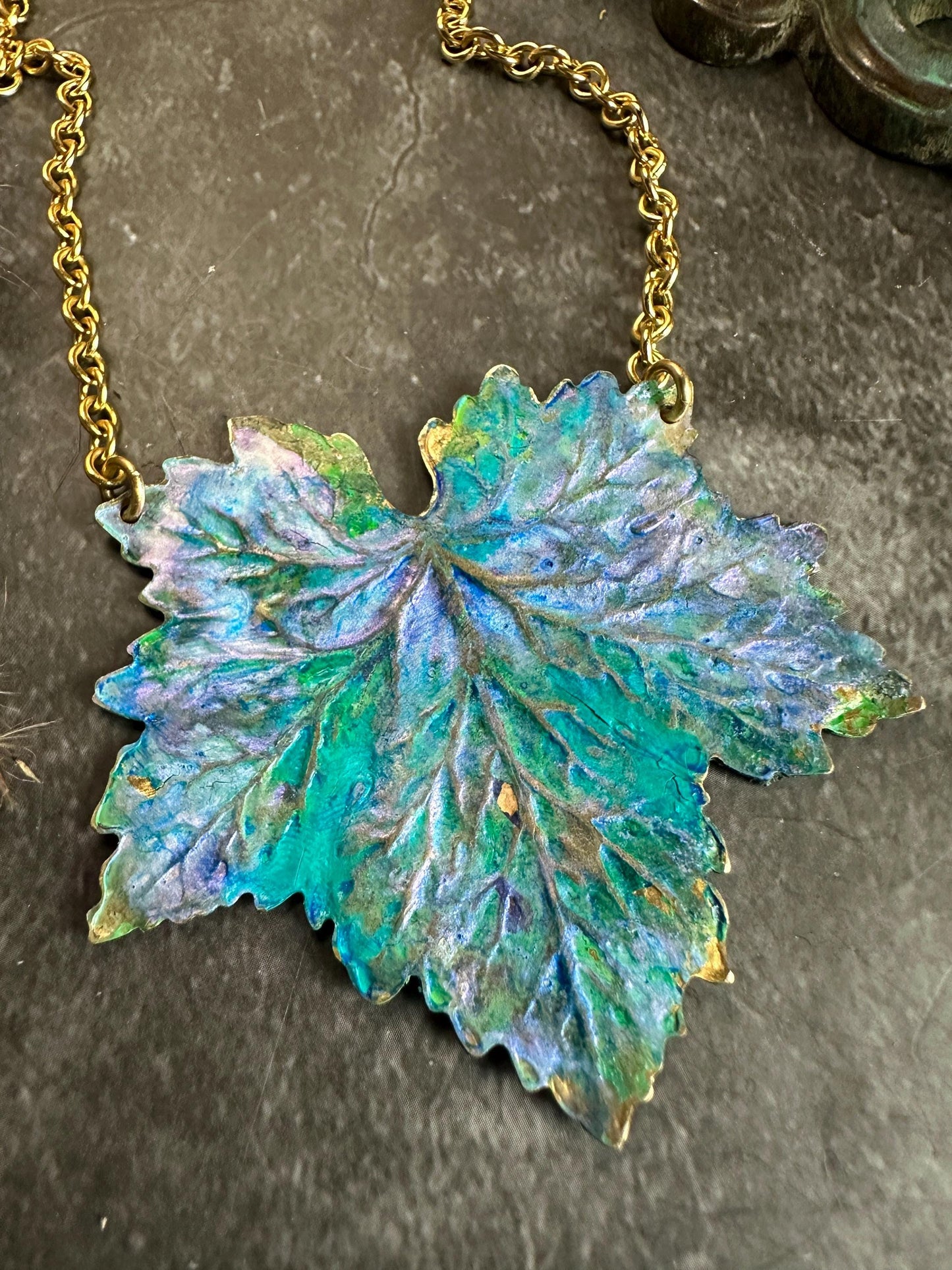 Fairy Leaf Necklace - Handmade Solid Beaten Hammered Brass Hand Patina Finish