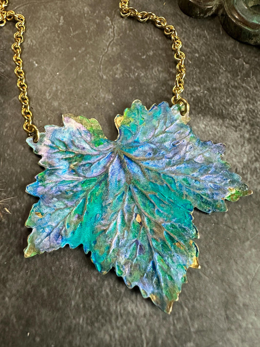 Fairy Leaf Necklace - Handmade Solid Beaten Hammered Brass Hand Patina Finish