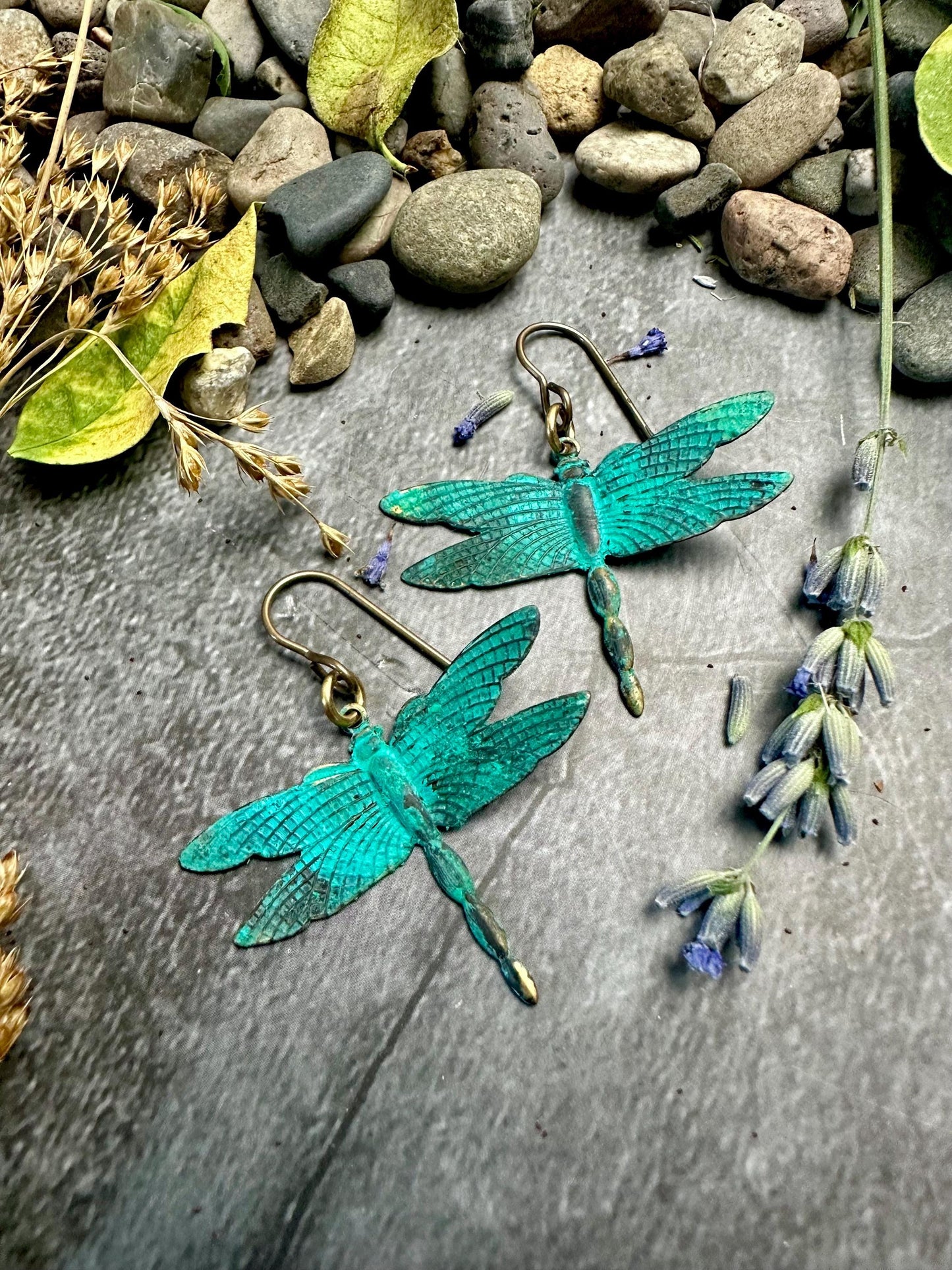Dragonfly Drop Earrings- Handmade Solid Brass Hand Patina