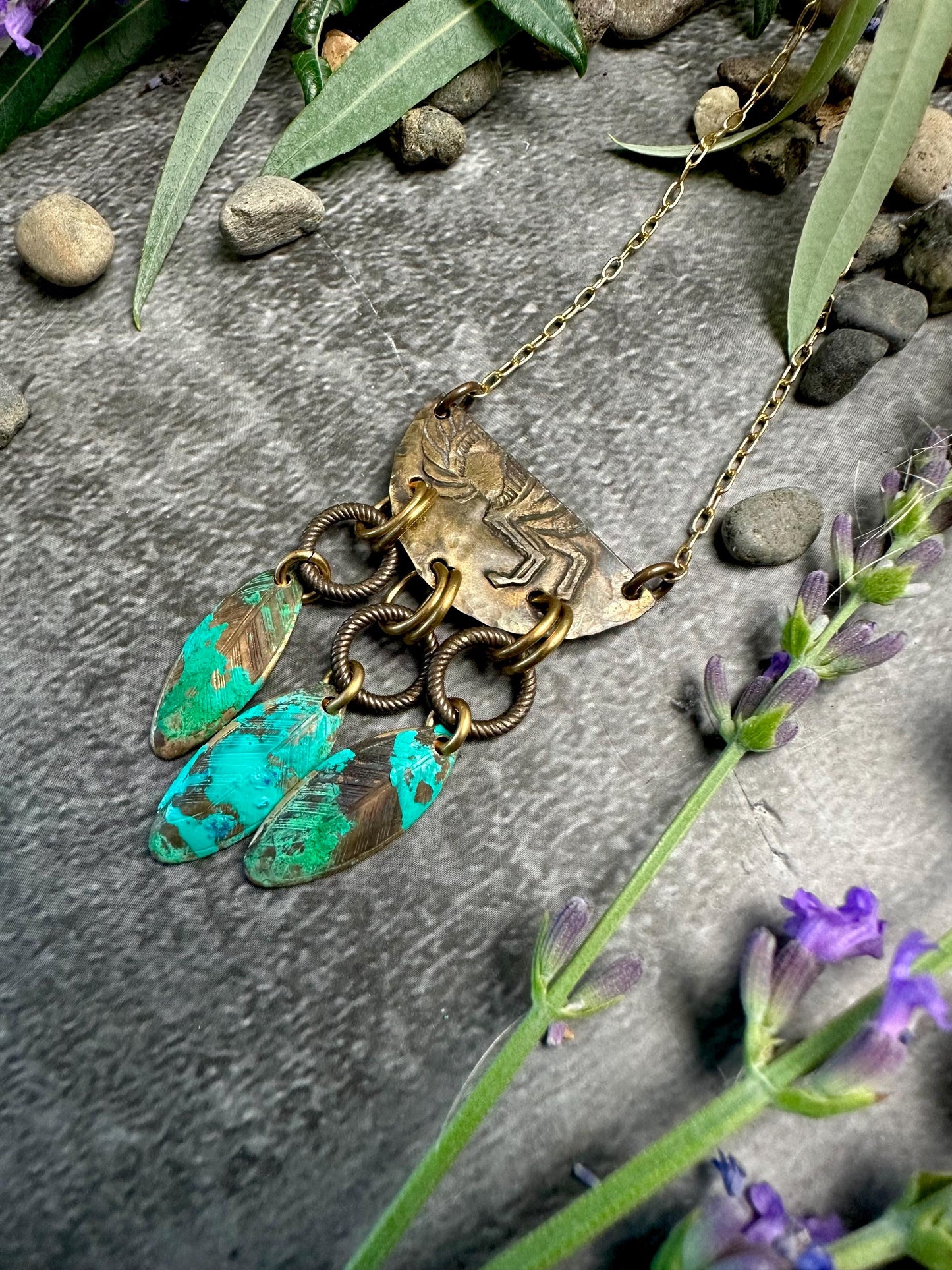 Lotus Petal Necklace - Handmade Beaten Brass Hand Patina