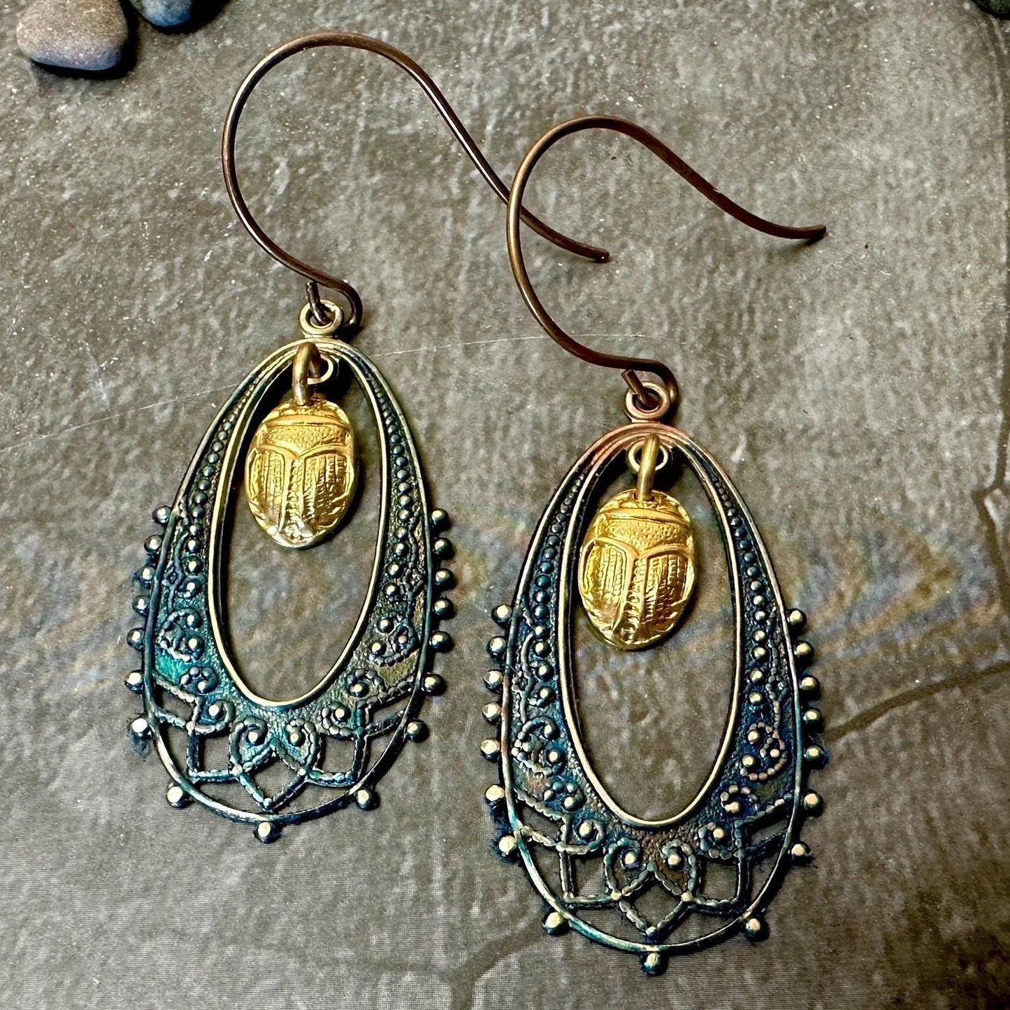 Egyptian Revival Filigree Scarab Beetle Earrings- Handmade Solid Vintage Tooled Brass Blue Hand Patina