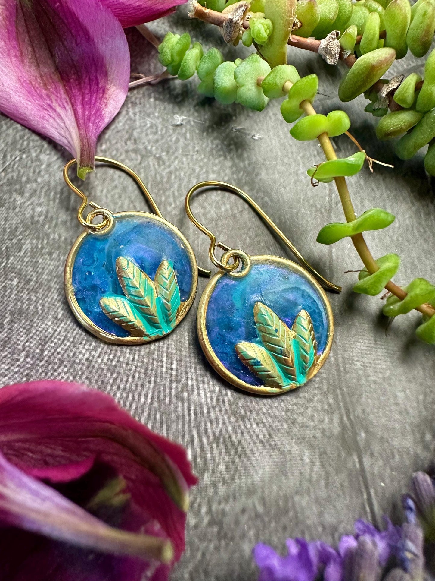 Lotus Bloom Earrings- Handmade Iridescent Patina Hand Colored Resin- blue