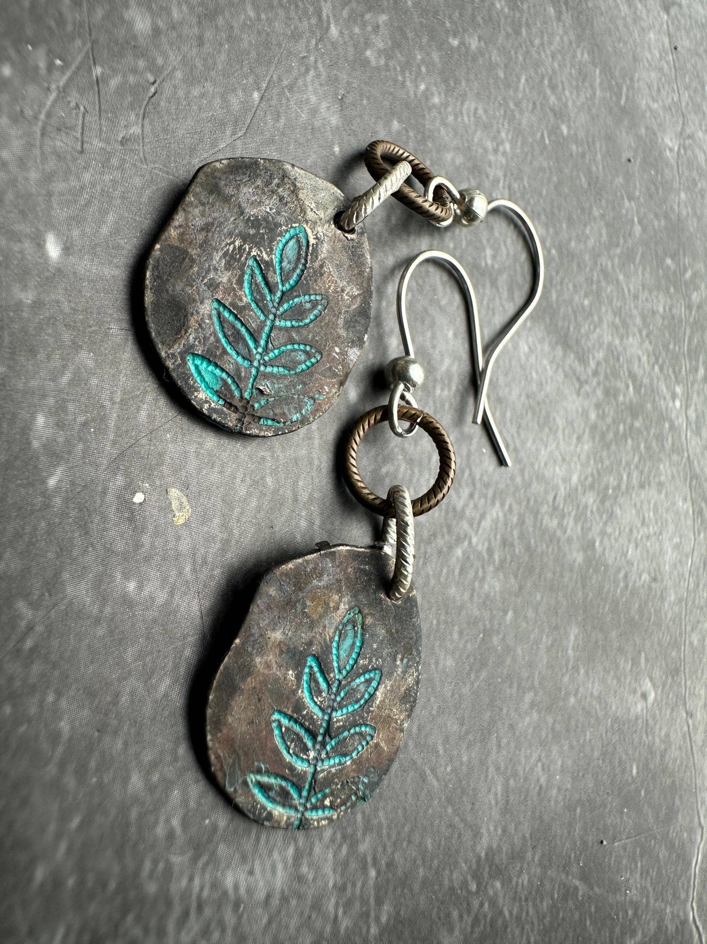 Imprinted Leaf Hammered Silver OX Patina Organic Shape Ea...