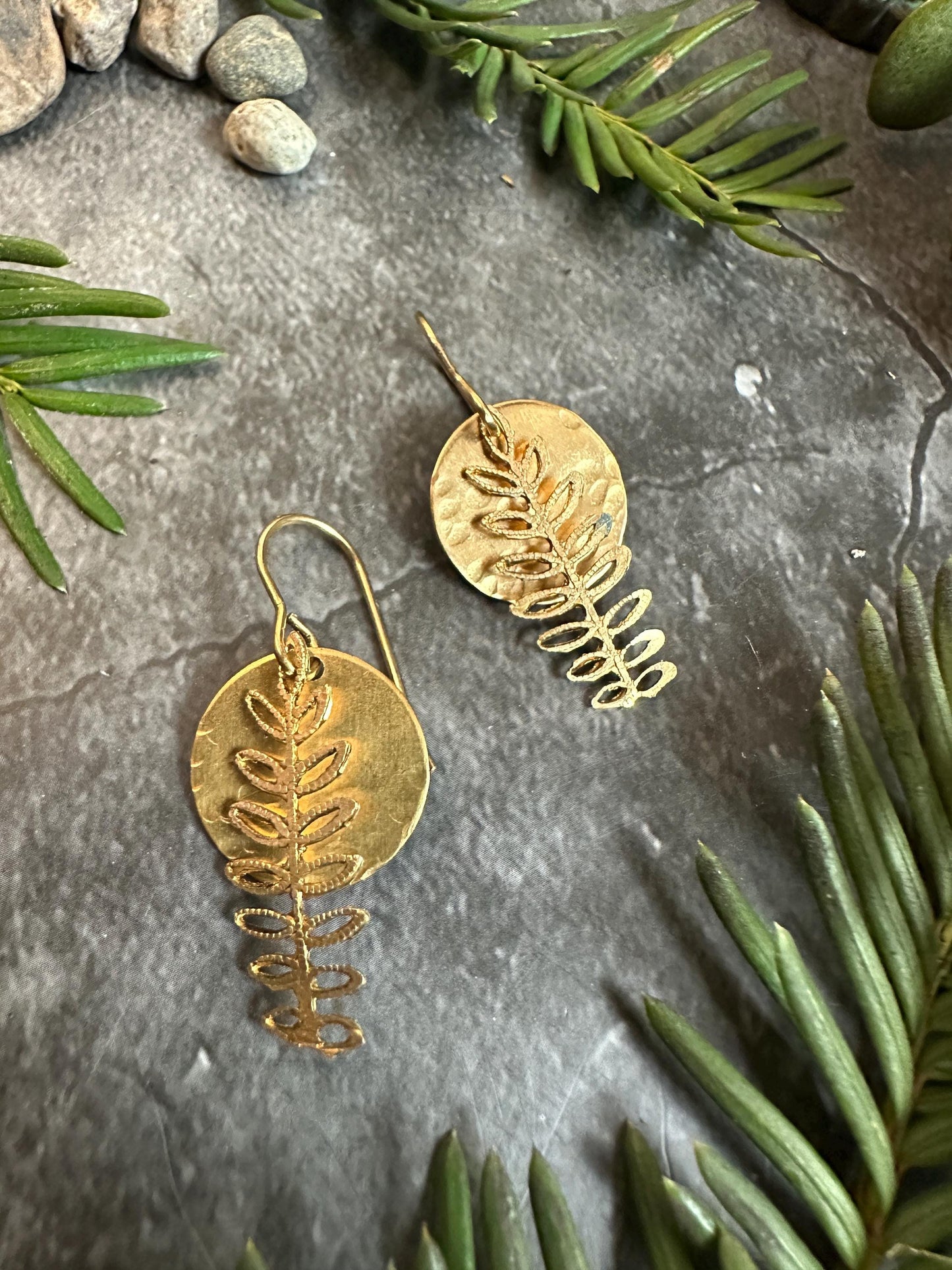 Fern Moon Earrings - Handmade Solid Hammered Brass