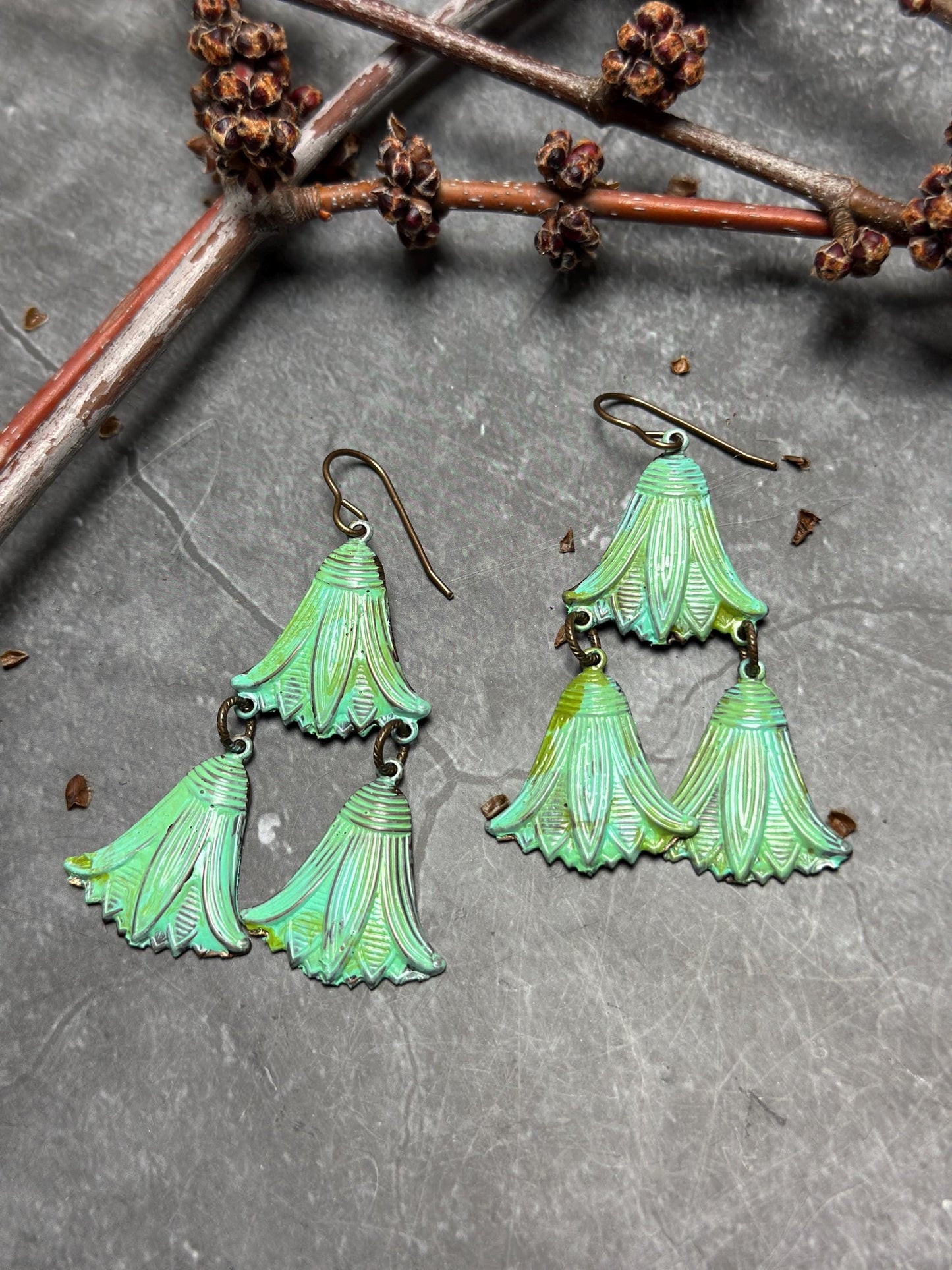 Lotus Drops Earrings- Handmade Beaten Solid Brass- Green Patina