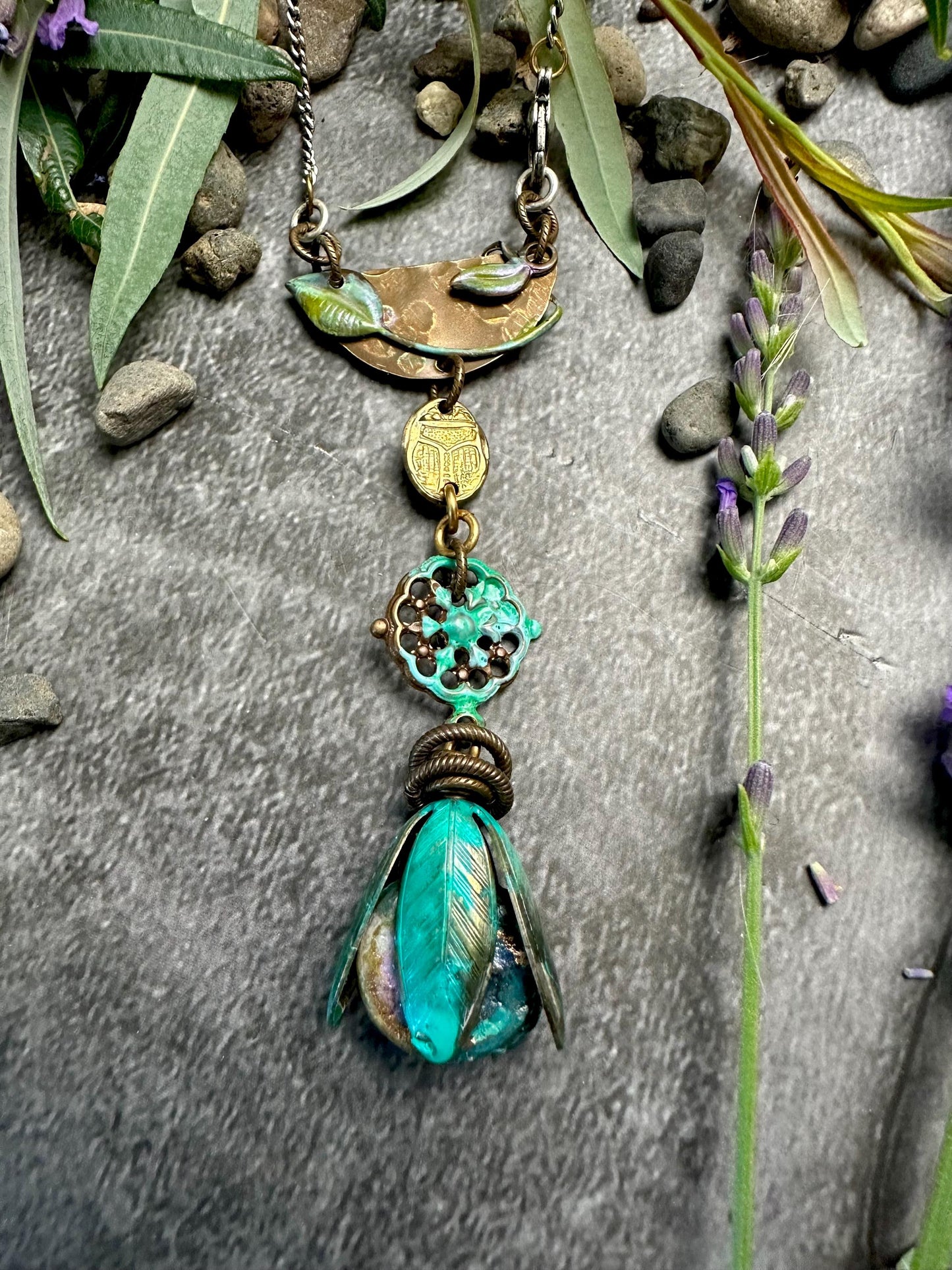Lotus scarab Necklace - Handmade Beaten Brass Hand Patina