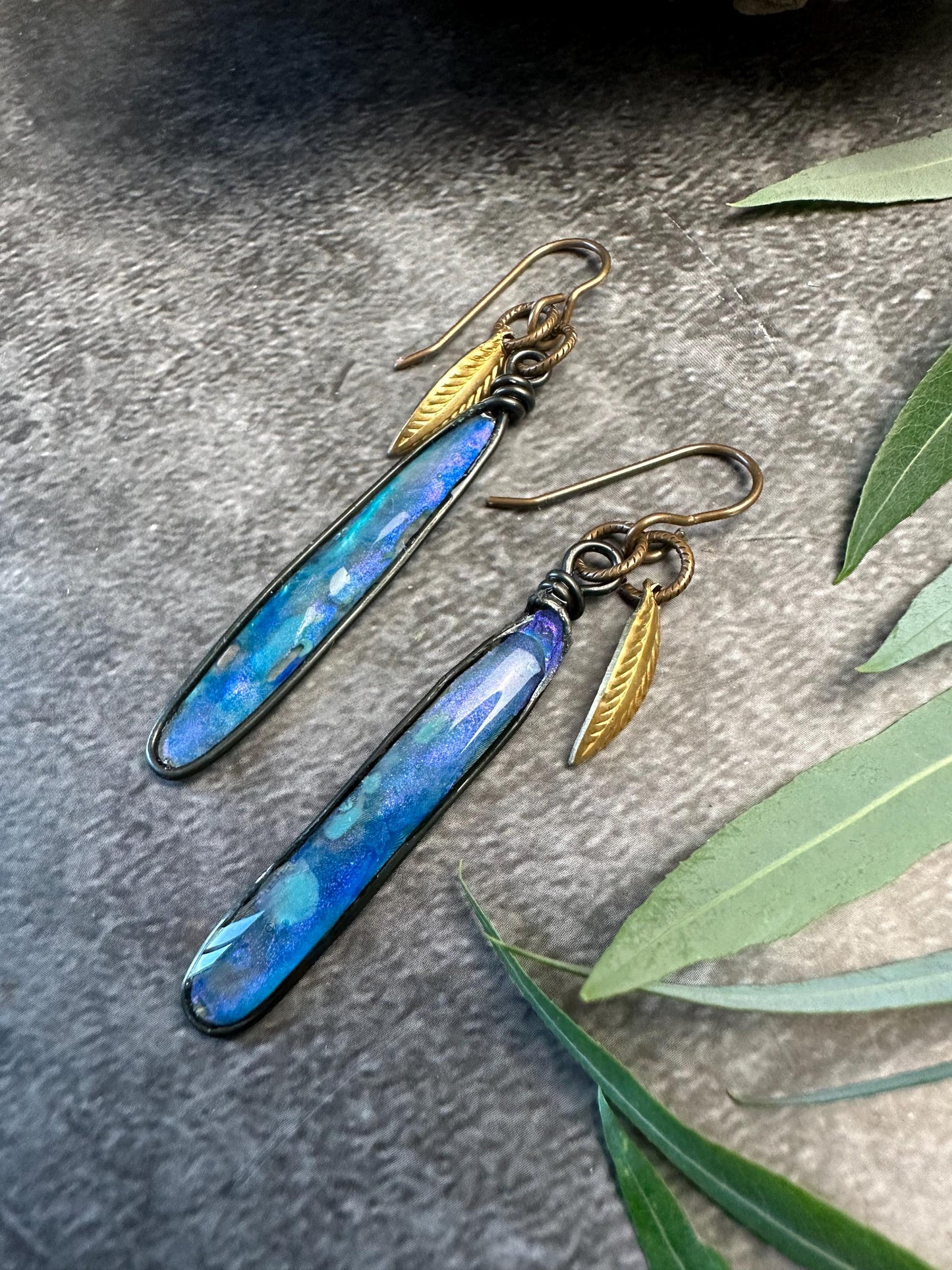 Dragonfly Pool Earrings - Iridescent Handmade Wings Sterling Plated Wire Forms with Hand Colored Resin- Blue