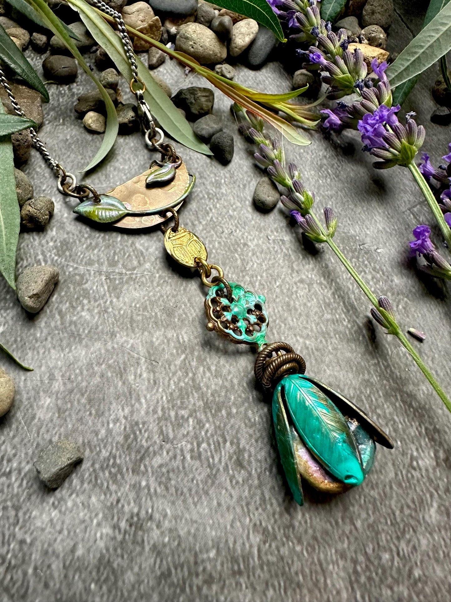 Lotus scarab Necklace - Handmade Beaten Brass Hand Patina