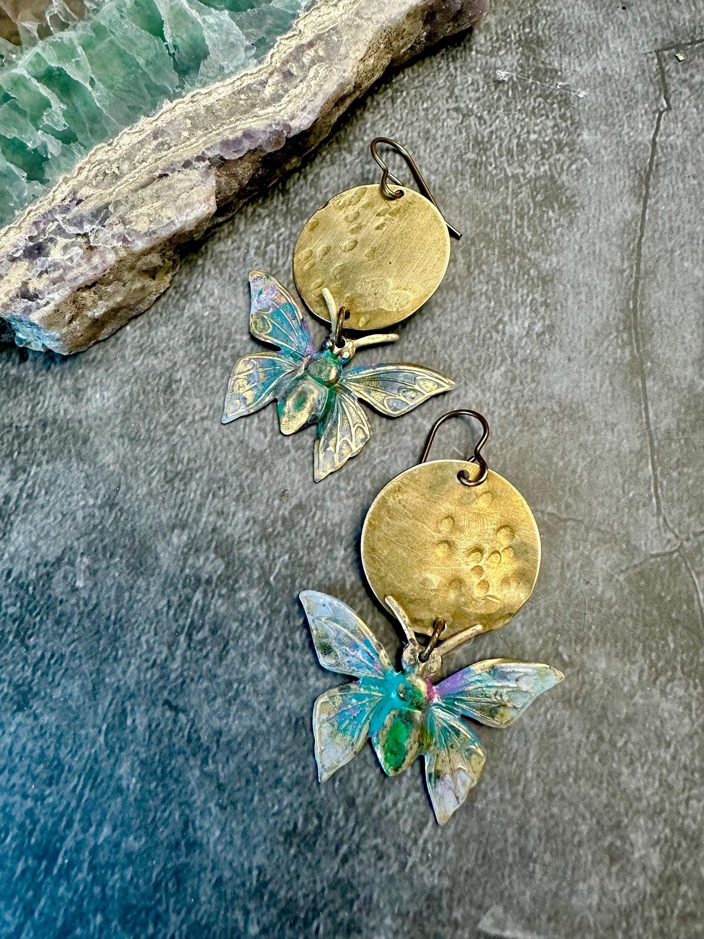 Lunar Butterfly Earrings- Handmade Solid Beaten Brass Hand Patina