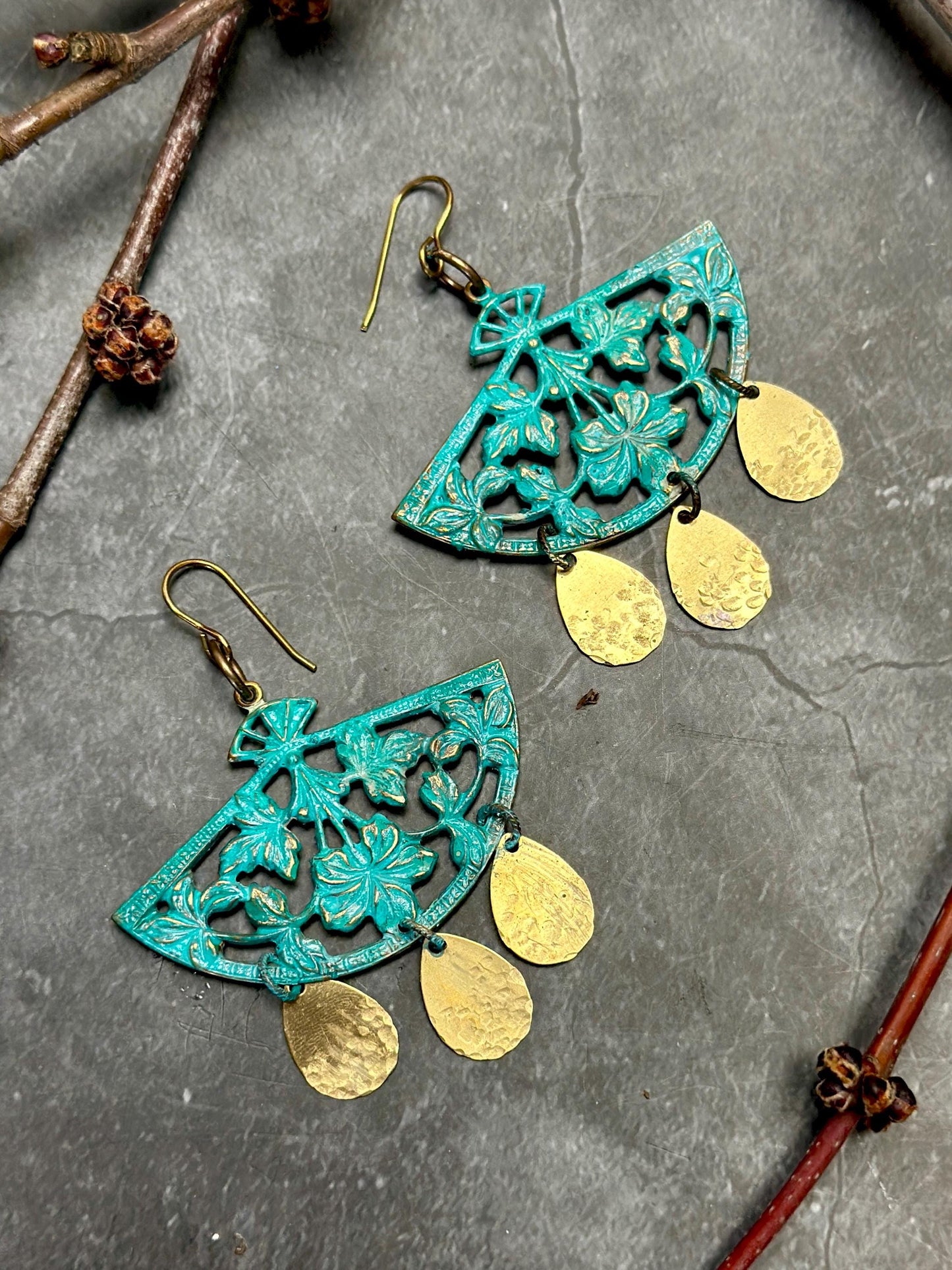 Dynasty Bloom Earrings- Handmade Beaten Solid Brass Verdigris