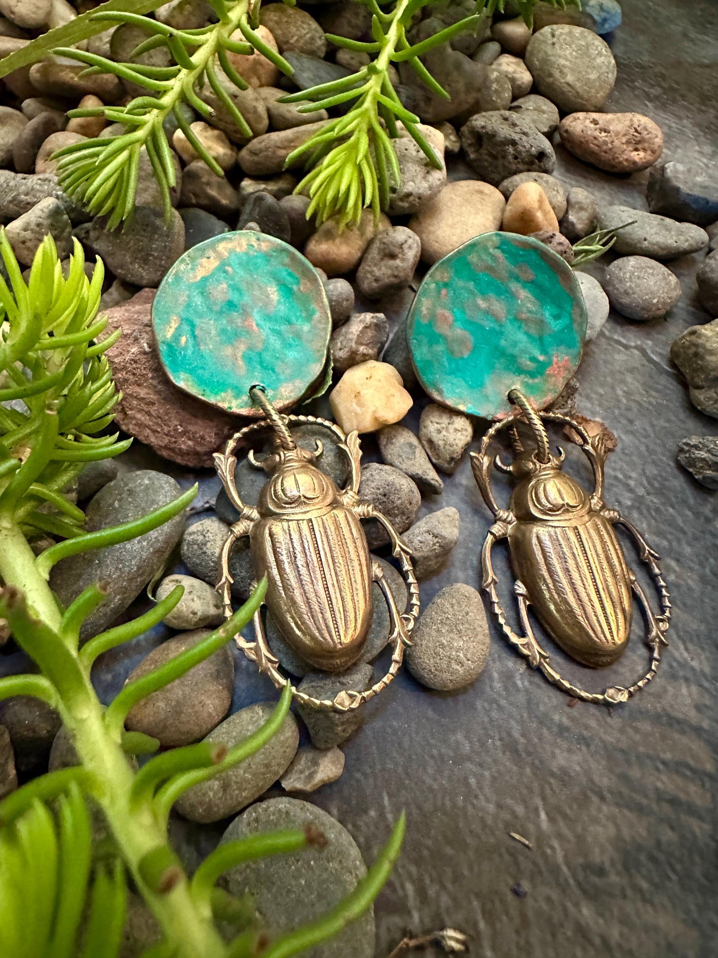 Scarab Moon Post Earrings- Handmade Solid Vintage Tooled Brass Hand Patina