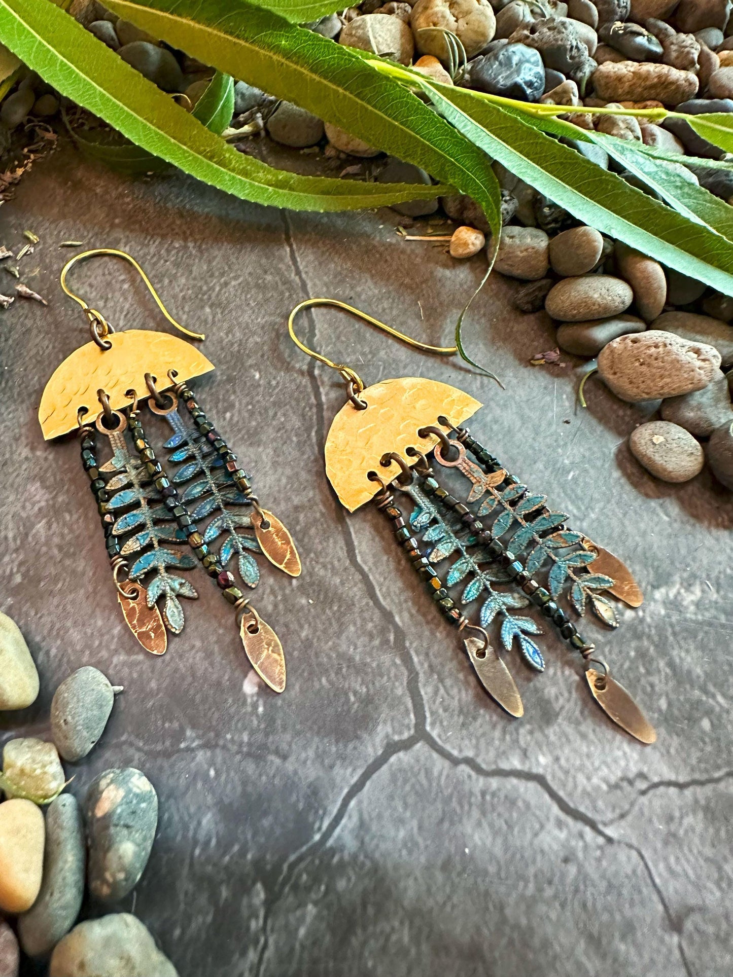 Midnight Fern Fringe Earrings - Handmade Solid Beaten Brass Beaded Hand Patina
