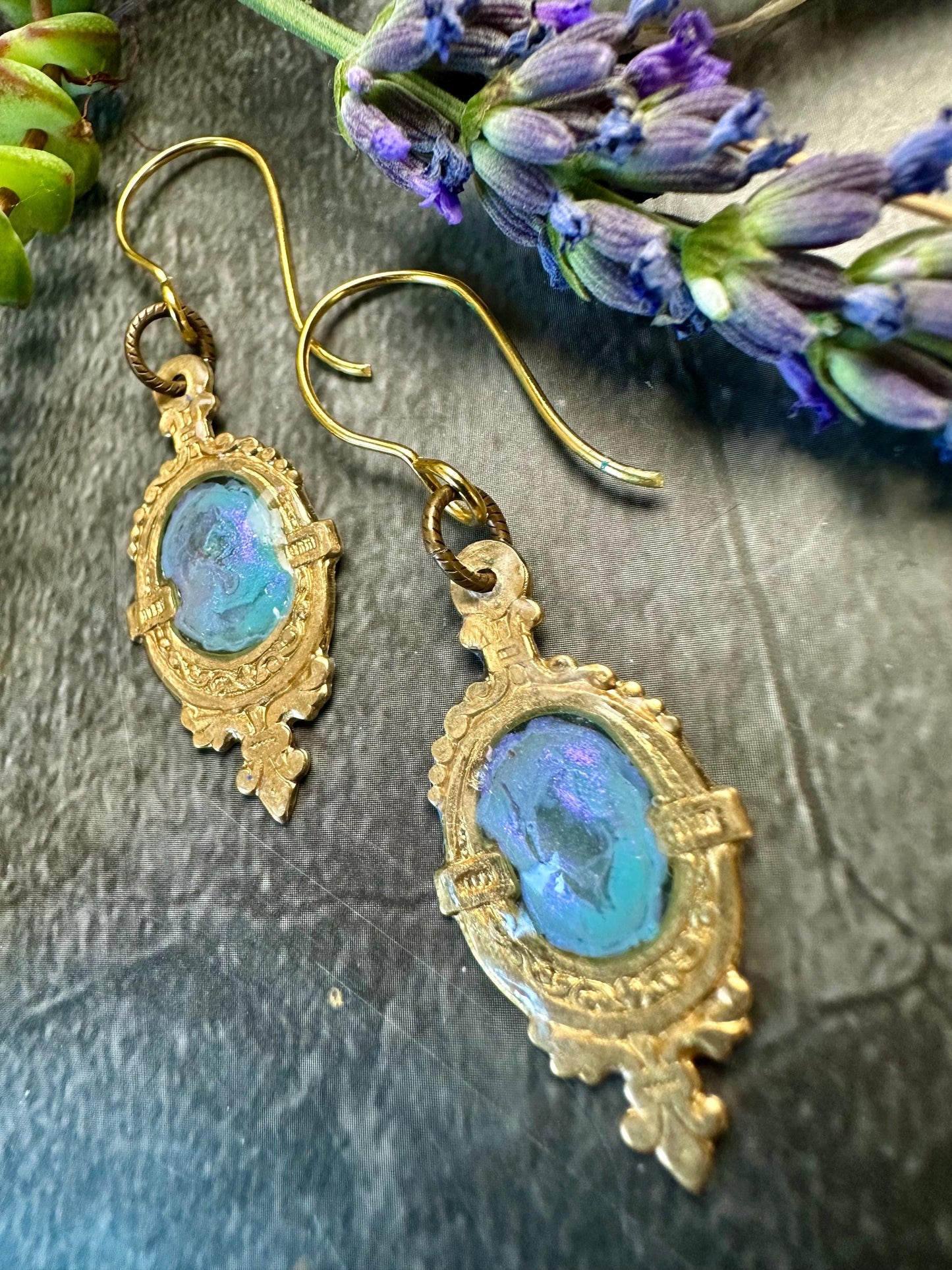 Gilded Pool Iridescent Earrings- Hand Beaten Brass with Hand Colored Resin- Blue