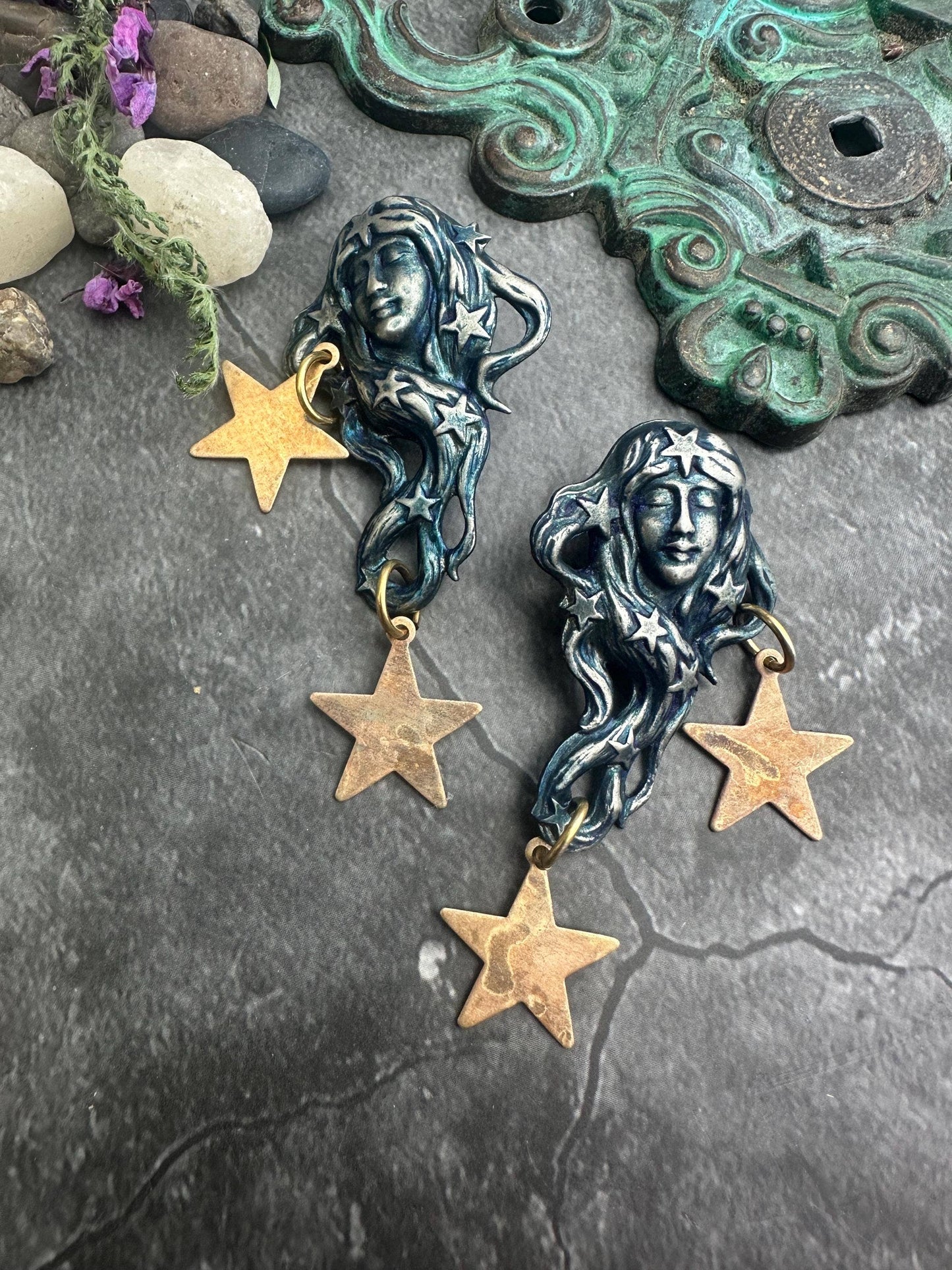 Star Maiden Earrings, Patina Face, Cosmic Goddess Statement