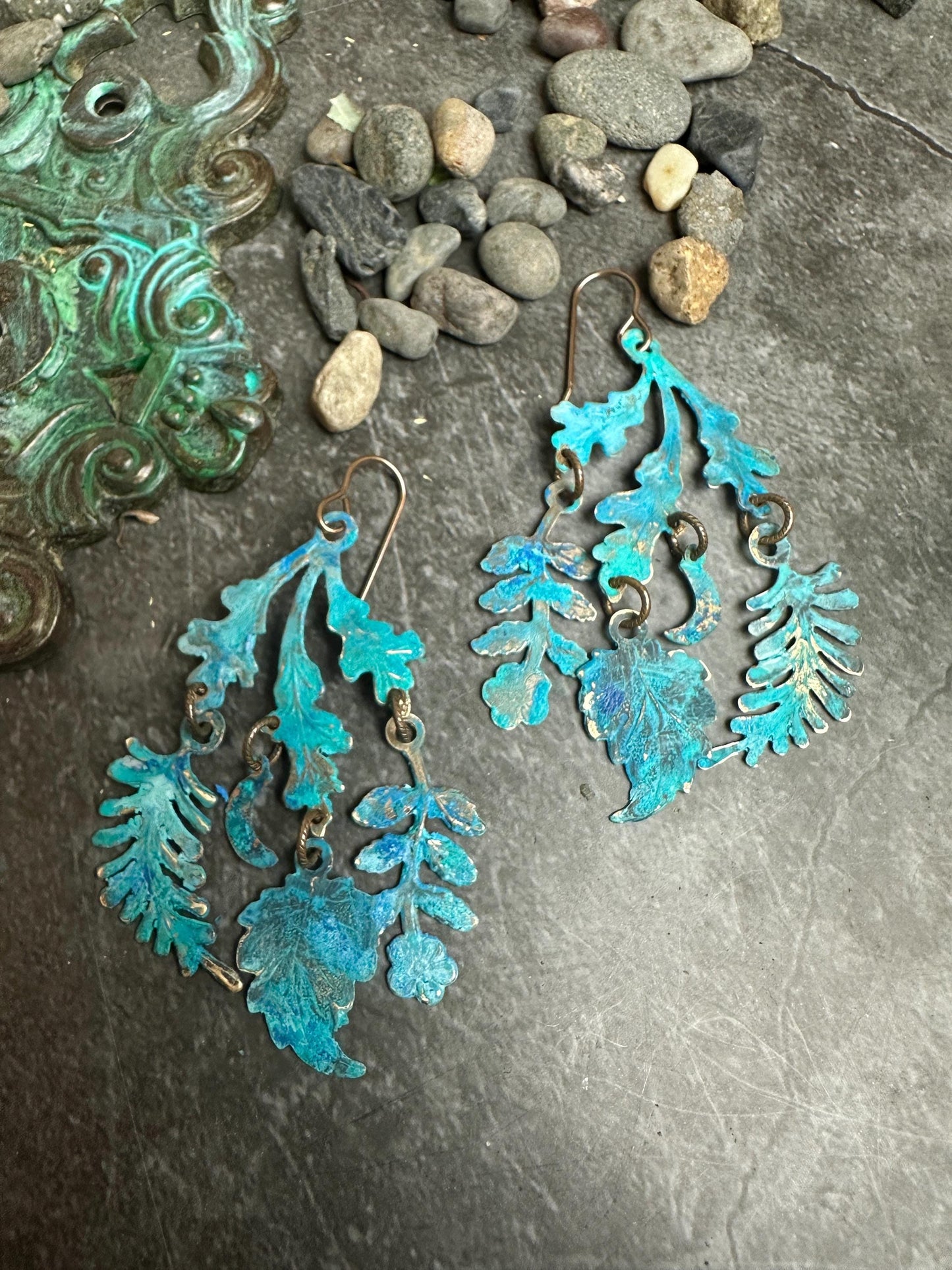 Harvest Moon Earrings- Handmade Beaten Solid Brass - Blue Verdigris