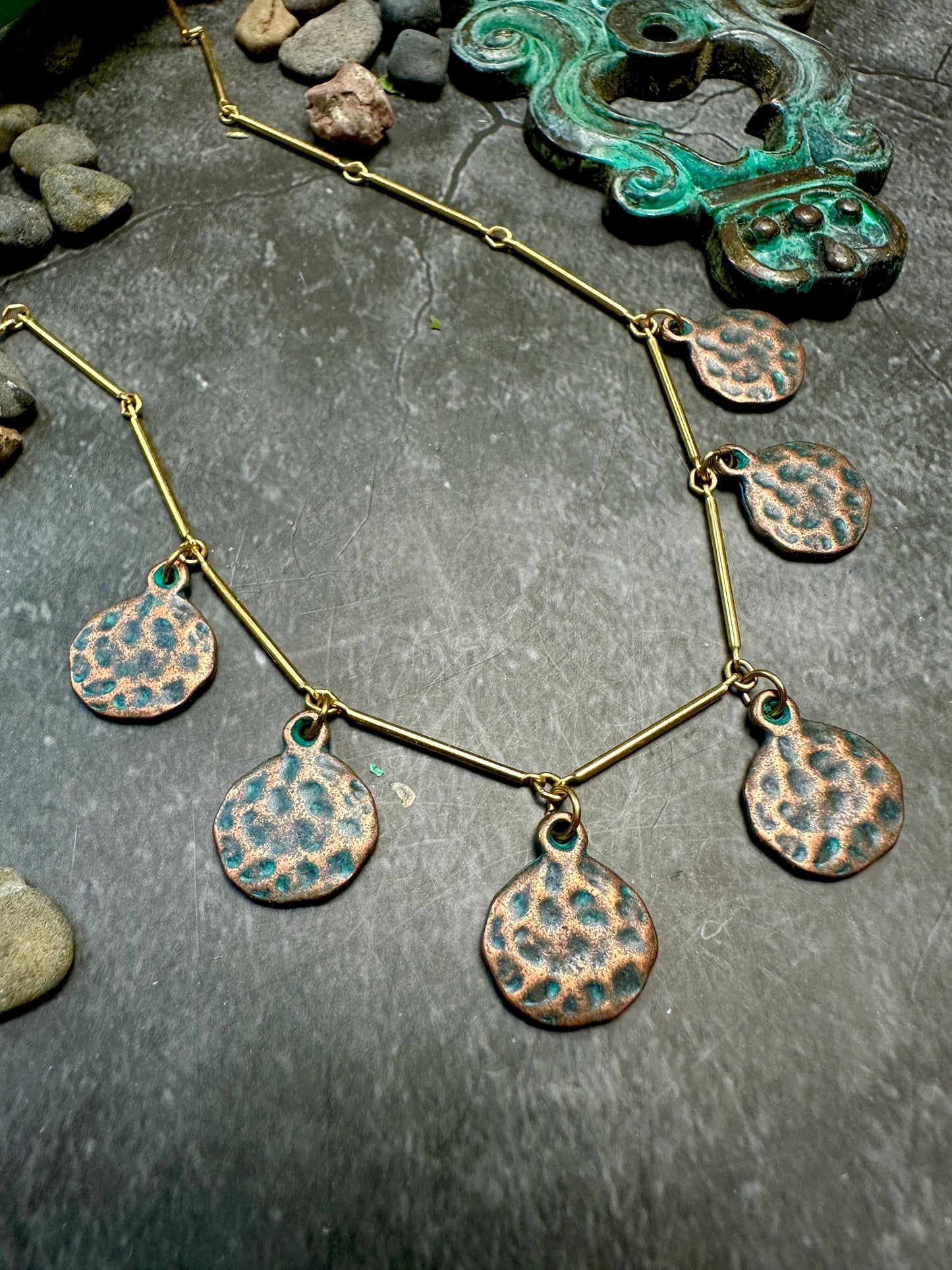 Calypso Necklace- Hammered Copper over Pewter, 10k Gold Plated Chain - 18 inch
