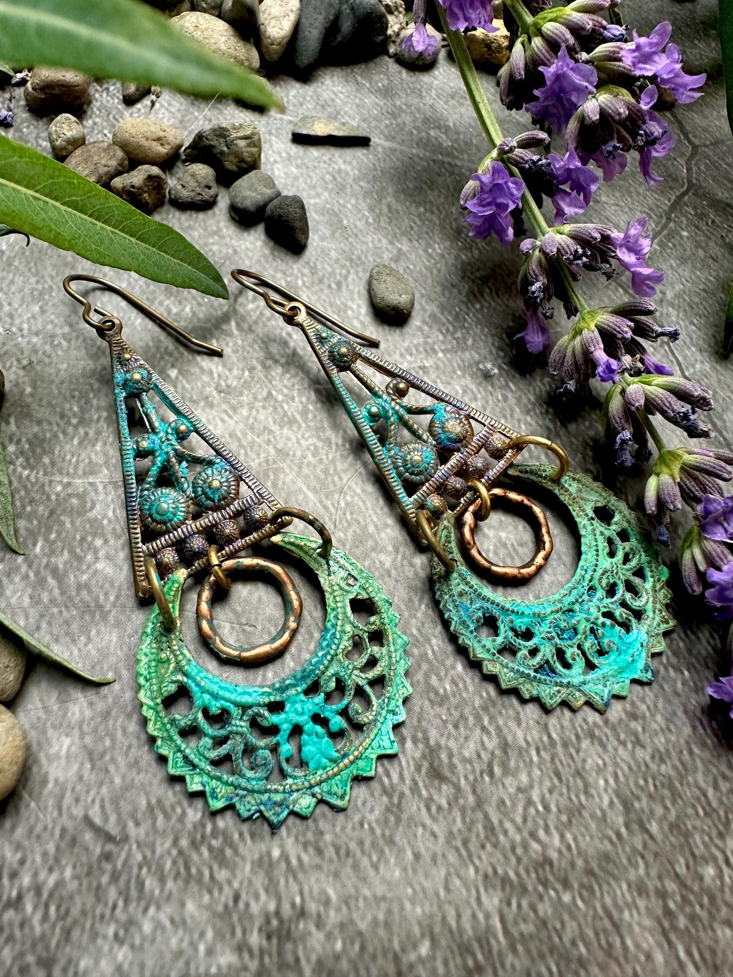 Verdigris Filigree Moon Earrings- Handmade Solid Brass Green Blue Hand Patina