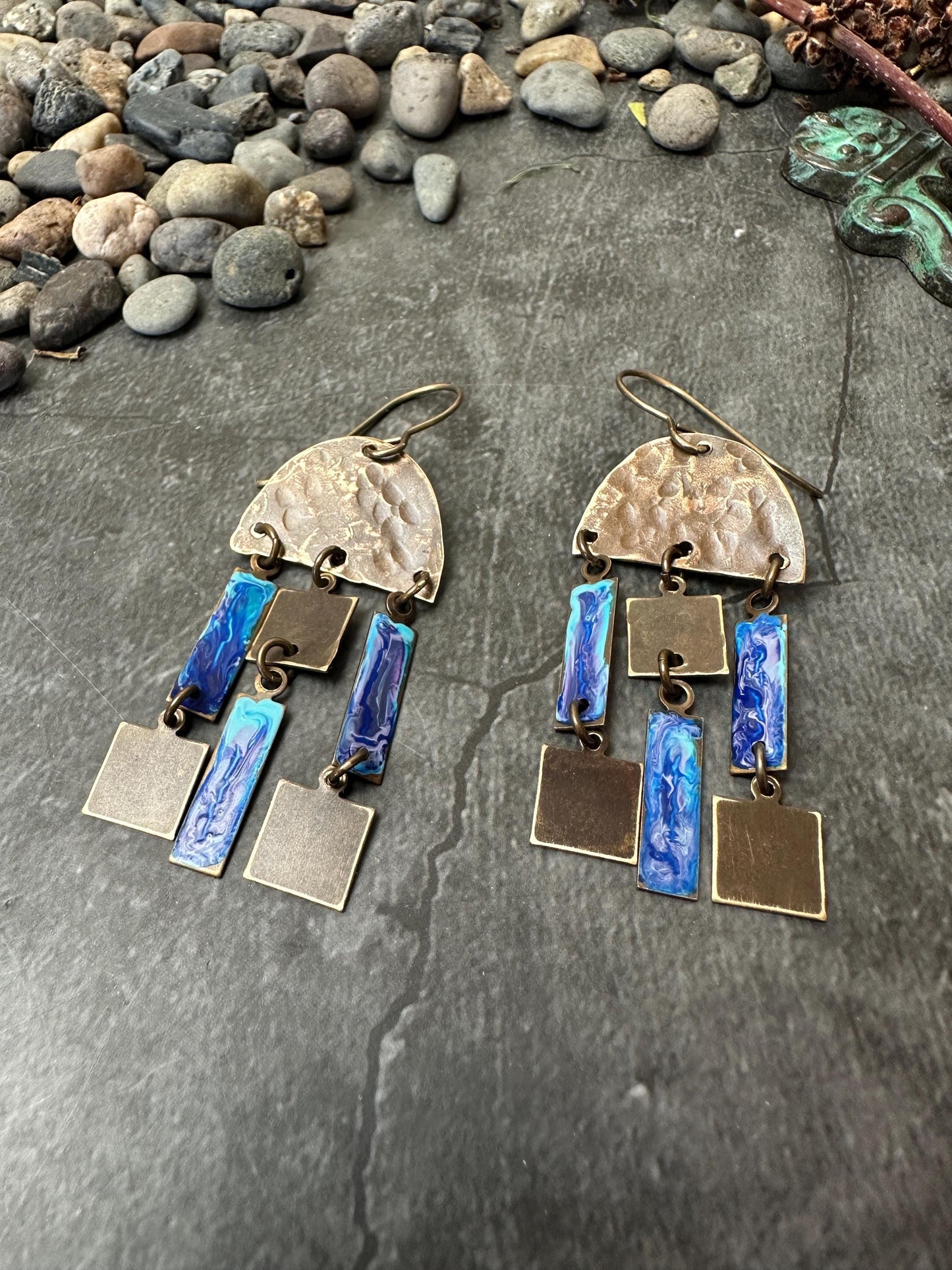 Geometric Dangle Earrings - Handmade Solid Hammered Brass Blue Hand Enamel