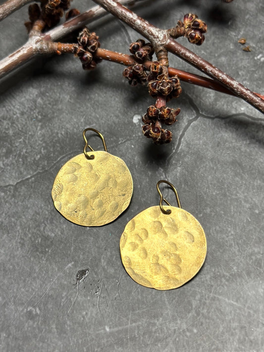 Full Moon Disc Earrings - Handmade Hammered Solid Beaten Brass