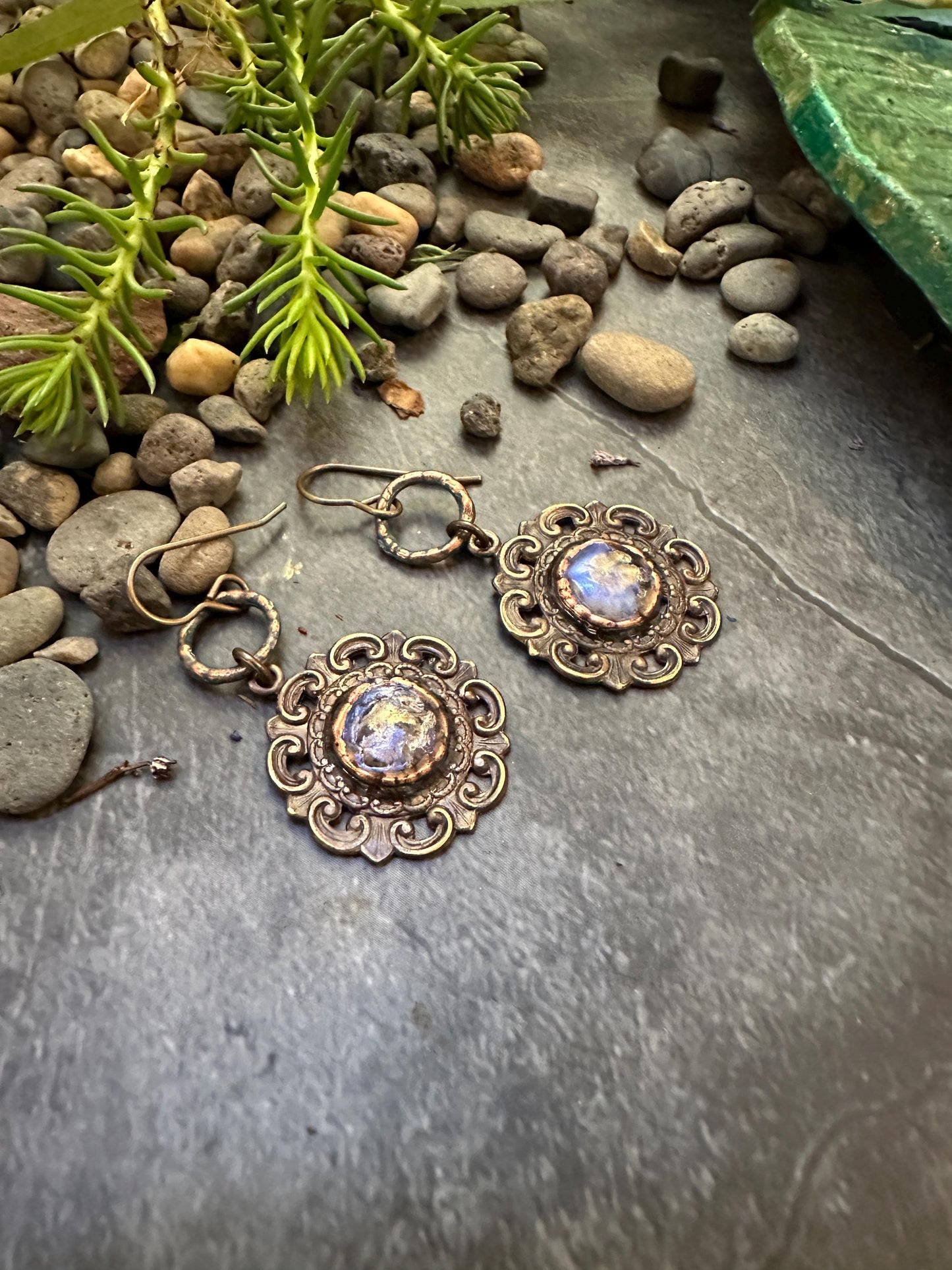 Dewdrop Garden Earrings- Handmade Solid Beaten Brass Iridescent Hand Patina